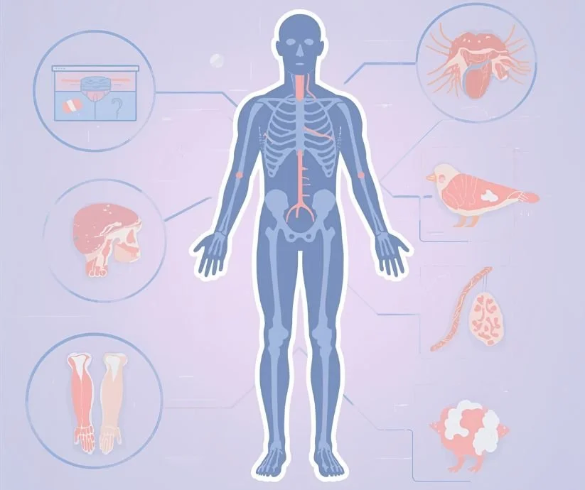 Picture of human body with key organs highlighted, representing a full health check or Body MOT.