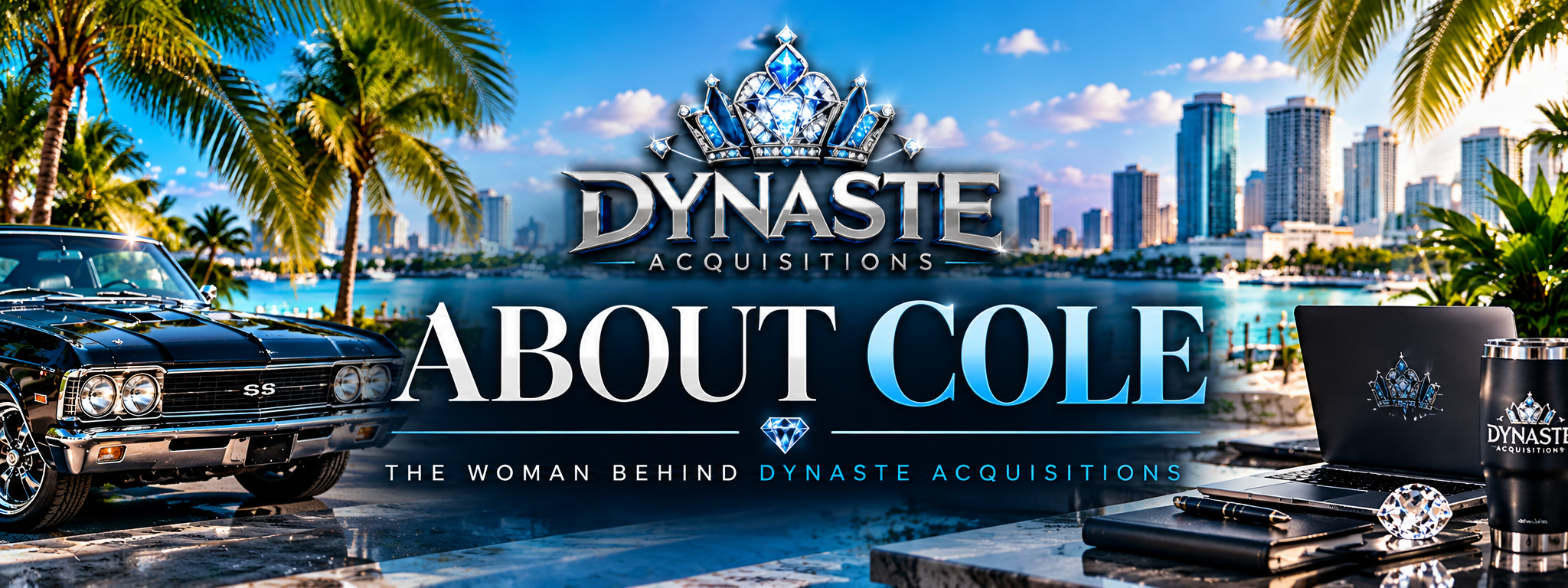 Dynaste Acquisitions About Cole banner featuring a tropical Florida waterfront, palm trees, black classic car, blue diamond branding, and website design workspace.