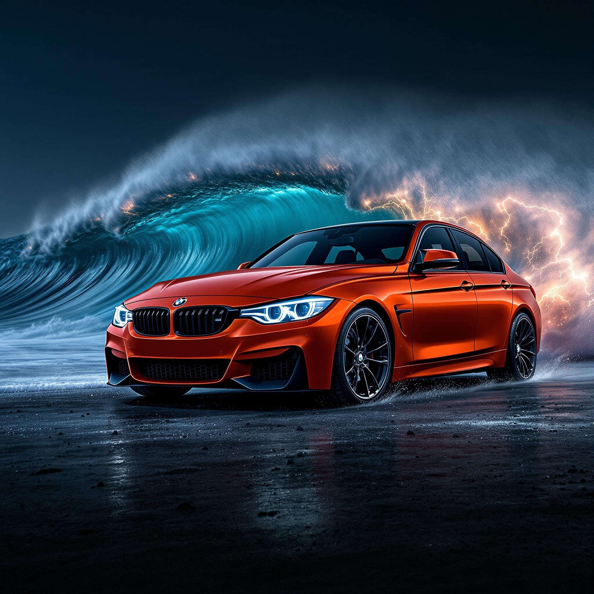 A red sports car on a wet surface with a stormy sky, large ocean-like wave, and lightning in the background.