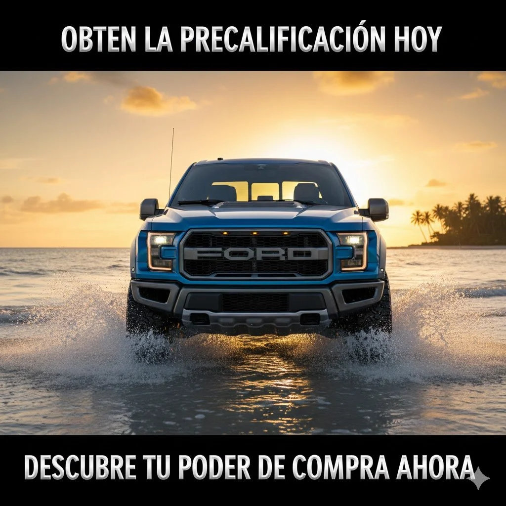 A blue Ford pickup truck driving through water at sunset with palm trees in the background.