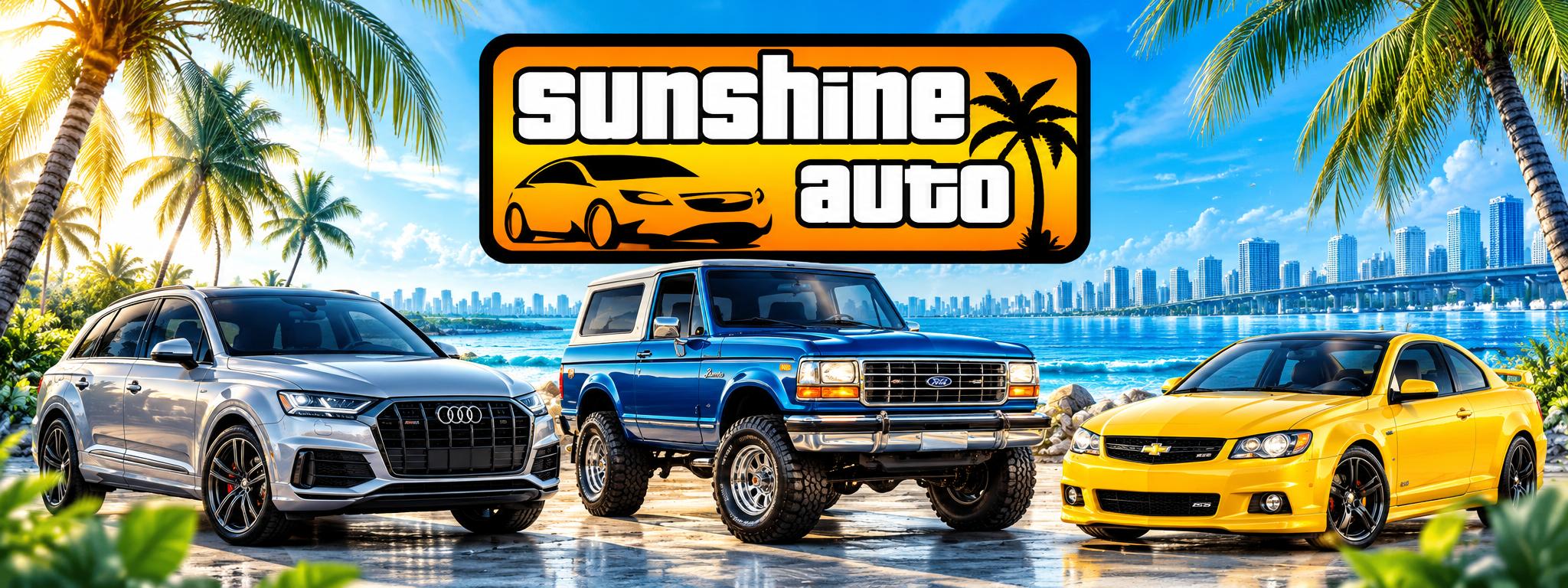 A beach scene with three cars parked near the shoreline, tropical palm trees, a city skyline in the background, and a sign that reads 'Sunshine Auto' with a car and palm trees graphic.