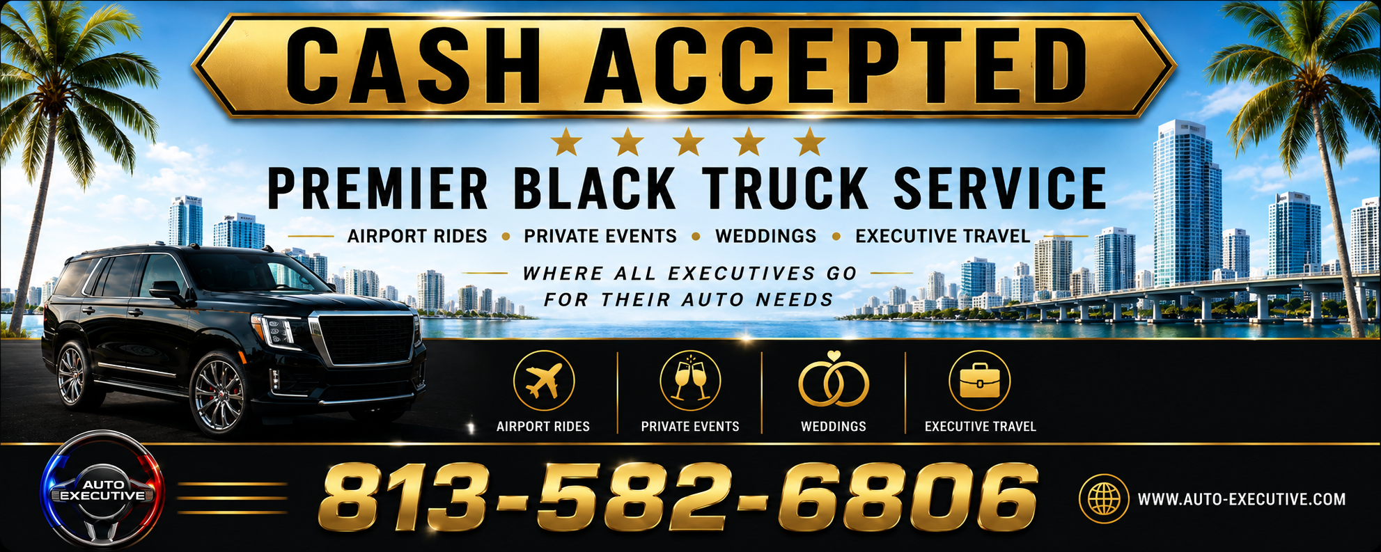 A promotional banner for Auto Executive black truck and chauffeur service features a city skyline with tall buildings, palm trees, a river, and a black luxury van. The banner highlights services including airport rides, private events, weddings, and executive travel, with a large phone number 813-582-6806 and website www.auto-executive.com.