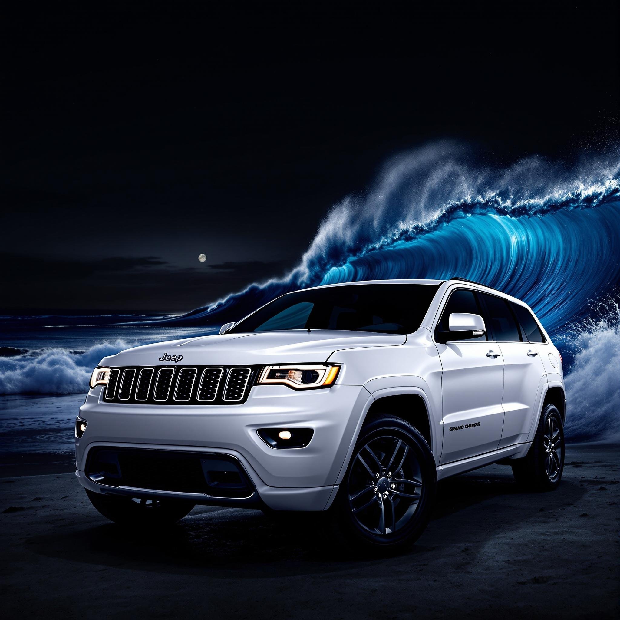 A white Jeep Grand Cherokee SUV on a dark beach with large ocean waves and a visible full moon in the night sky.