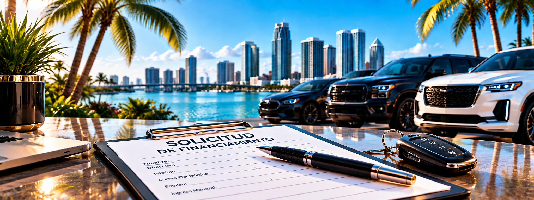 A financial loan request form with a pen, keys, and a laptop on a table overlooking a city skyline with tall buildings and parked cars, palm trees in the background.