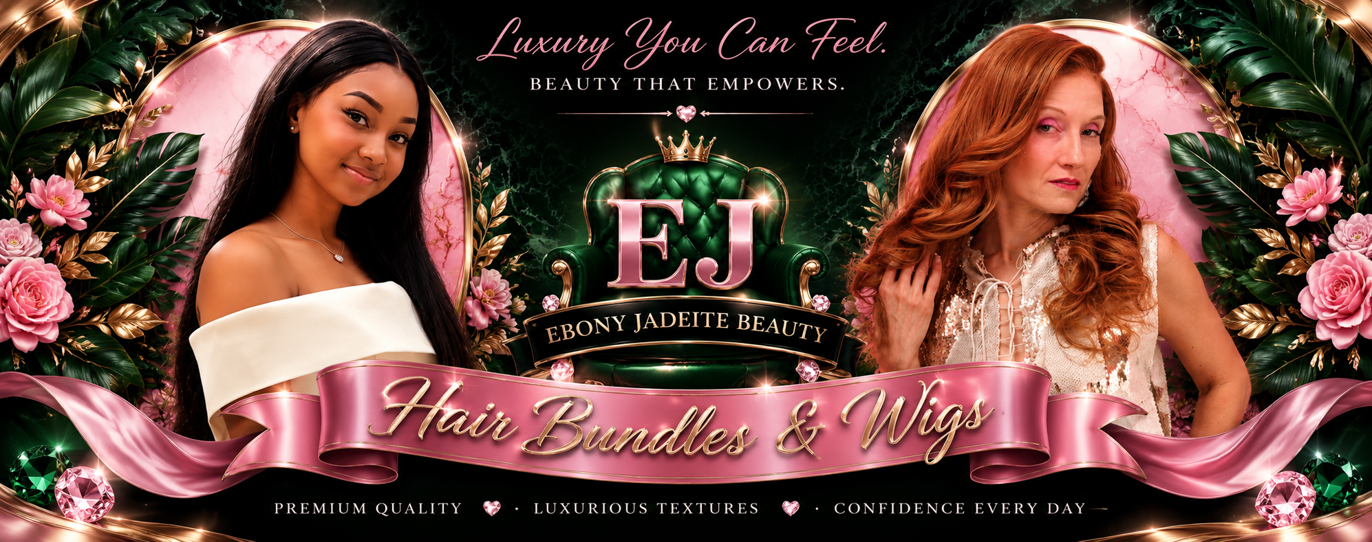 Luxury EBoNY Jadeite Beauty promotional image showcasing premium human hair extensions, wigs, closures, frontals, and elegant beauty branding.
