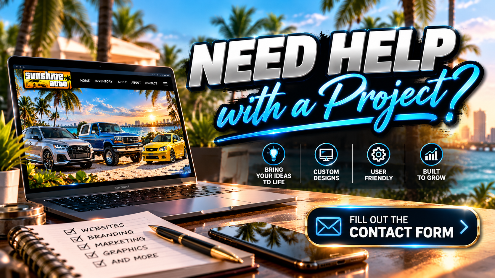 Sunshine Auto website displayed on a laptop screen, showing a beach scene with palm trees and cars, with text overlay offering project assistance for website design, branding, marketing, and graphics, set against a tropical outdoor background with city skyline.