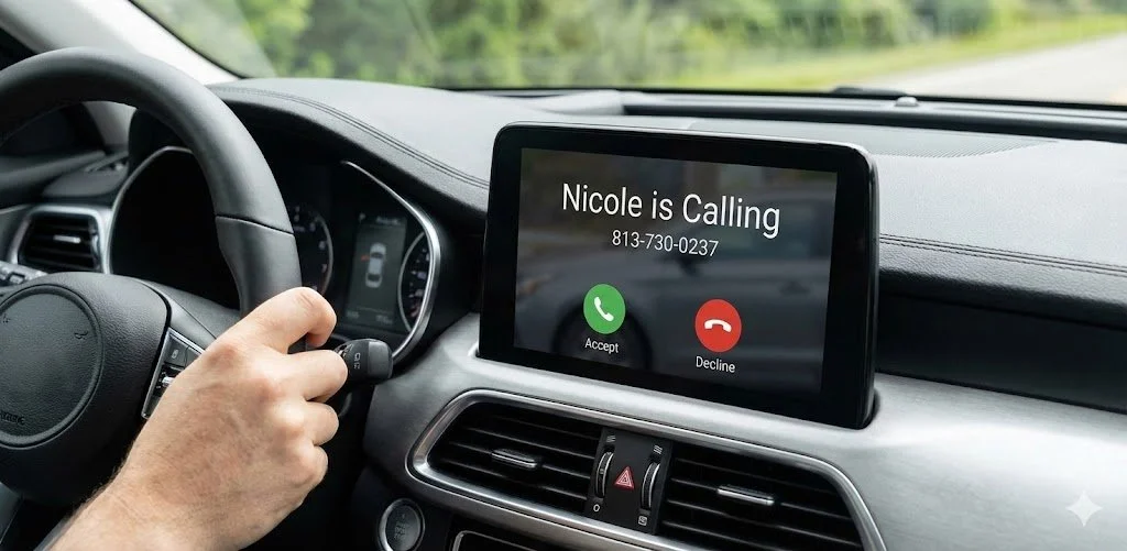 Car dashboard with a phone screen showing an incoming call from Nicole.