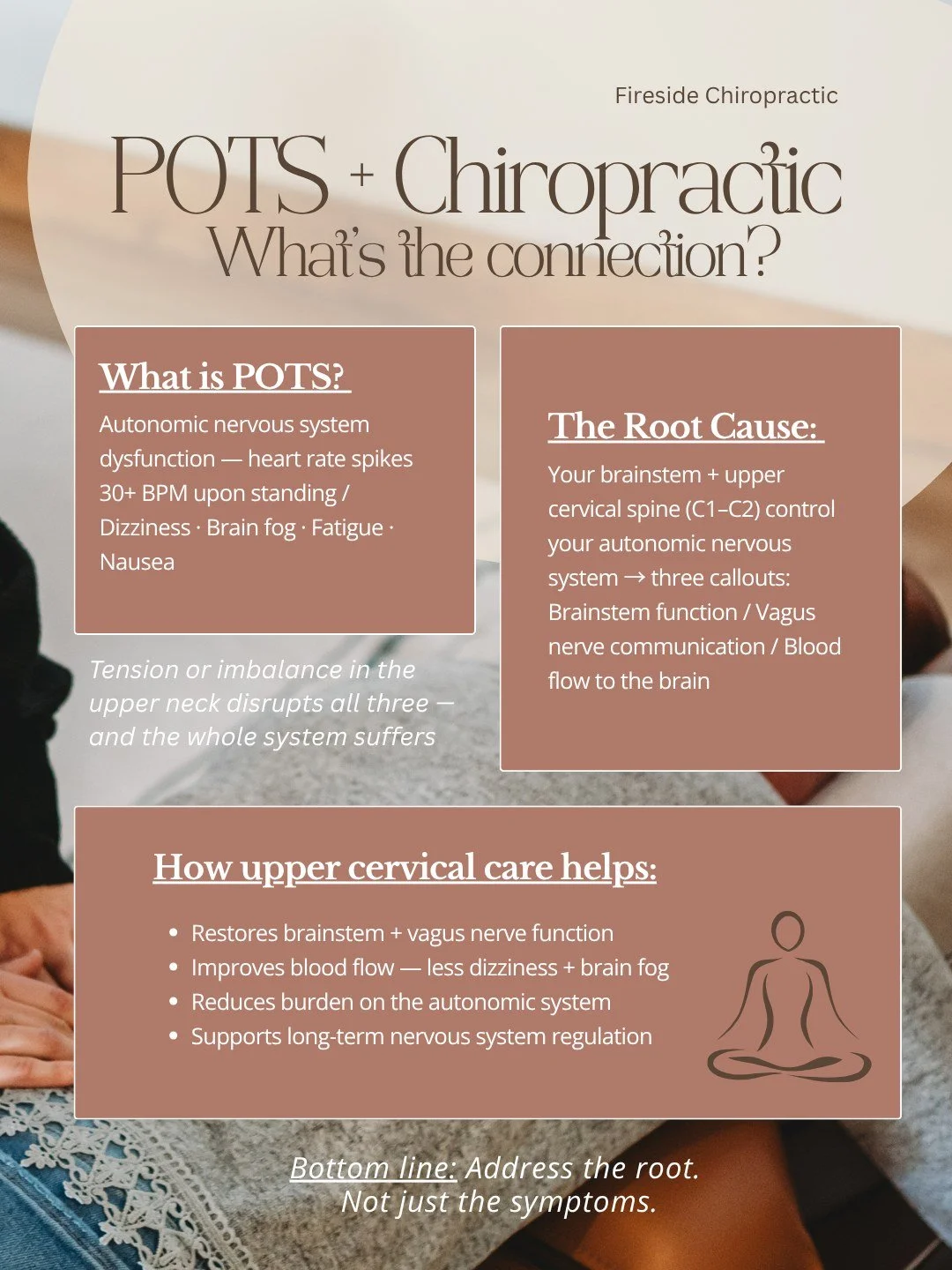 POTS (Postural Orthostatic Tachycardia Syndrome) = your autonomic nervous system malfunctioning and is controlled by your brainstem and upper cervical spine. 💚

You stand up, heart races, dizziness hits, you might pass out. Your heart rate jumps 30+