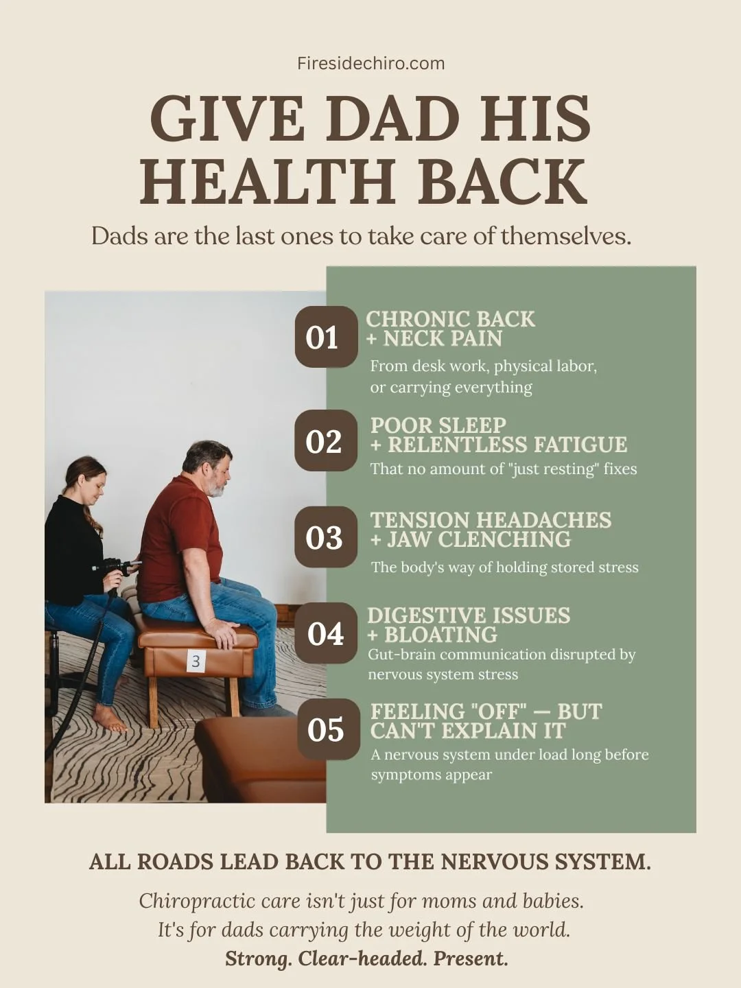 Dads are notoriously the last ones to take care of themselves. They push through the back pain. They ignore the headaches. They chalk up the poor sleep to "just being tired." They tell themselves they'll deal with it later &mdash; and later