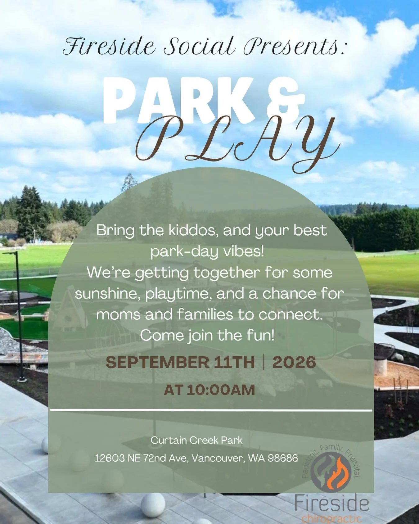 Fireside Social Presents: Park &amp; Play!!🎉

Bring the kiddos, and your best park-day vibes! 

We&rsquo;re getting together for some sunshine, playtime, and a chance for moms and families to connect. Come join the fun!

Comment &ldquo;Park&rdquo; a