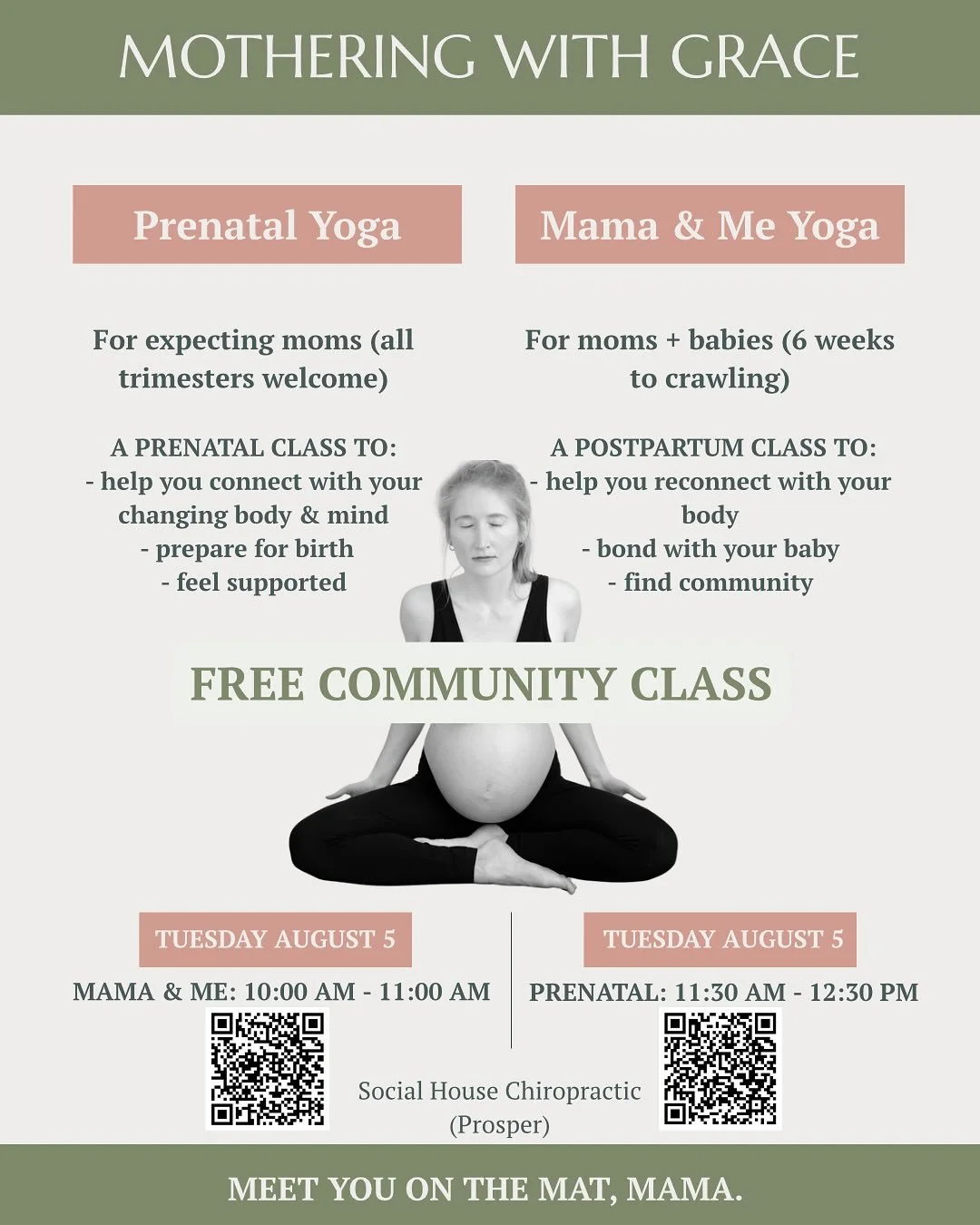 Meet You on the Mat, Mama! 🧘&zwj;♀️

Prenatal Yoga + Mama &amp; Me Yoga are coming to North Texas &mdash; and to kick things off, I&rsquo;m hosting FREE community classes for mamas like you to connect, move, and breathe together. 💛

✨ Tuesday, Augu