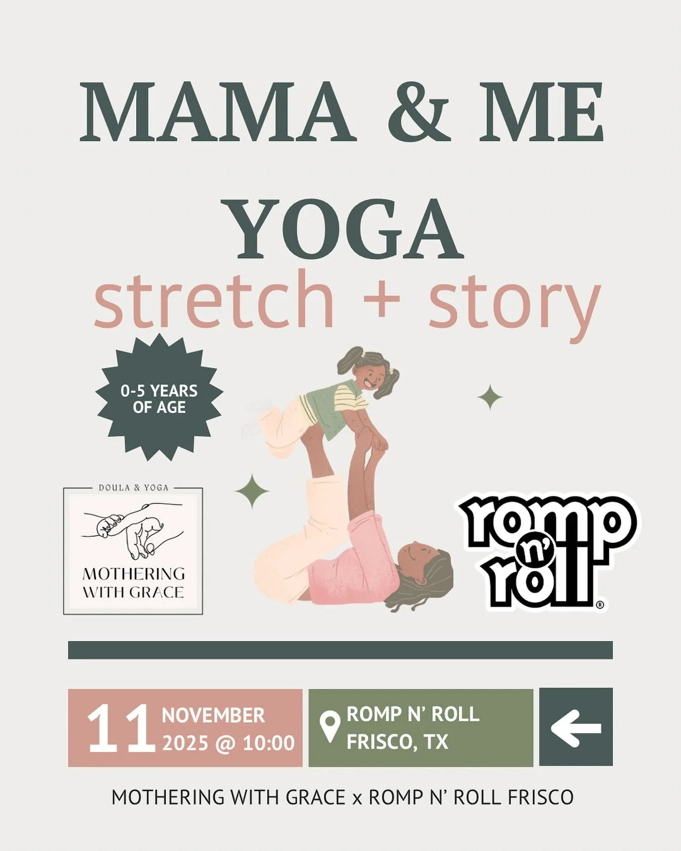 @rompnrollfrisco and @mothering.with.grace are teaming up to bring you Mama & Me Yoga: Stretch & Story on Tuesday, November 11th at 10 AM!
This special class is designed for moms and little ones (ages 0–5). We’ll blend gentle mov