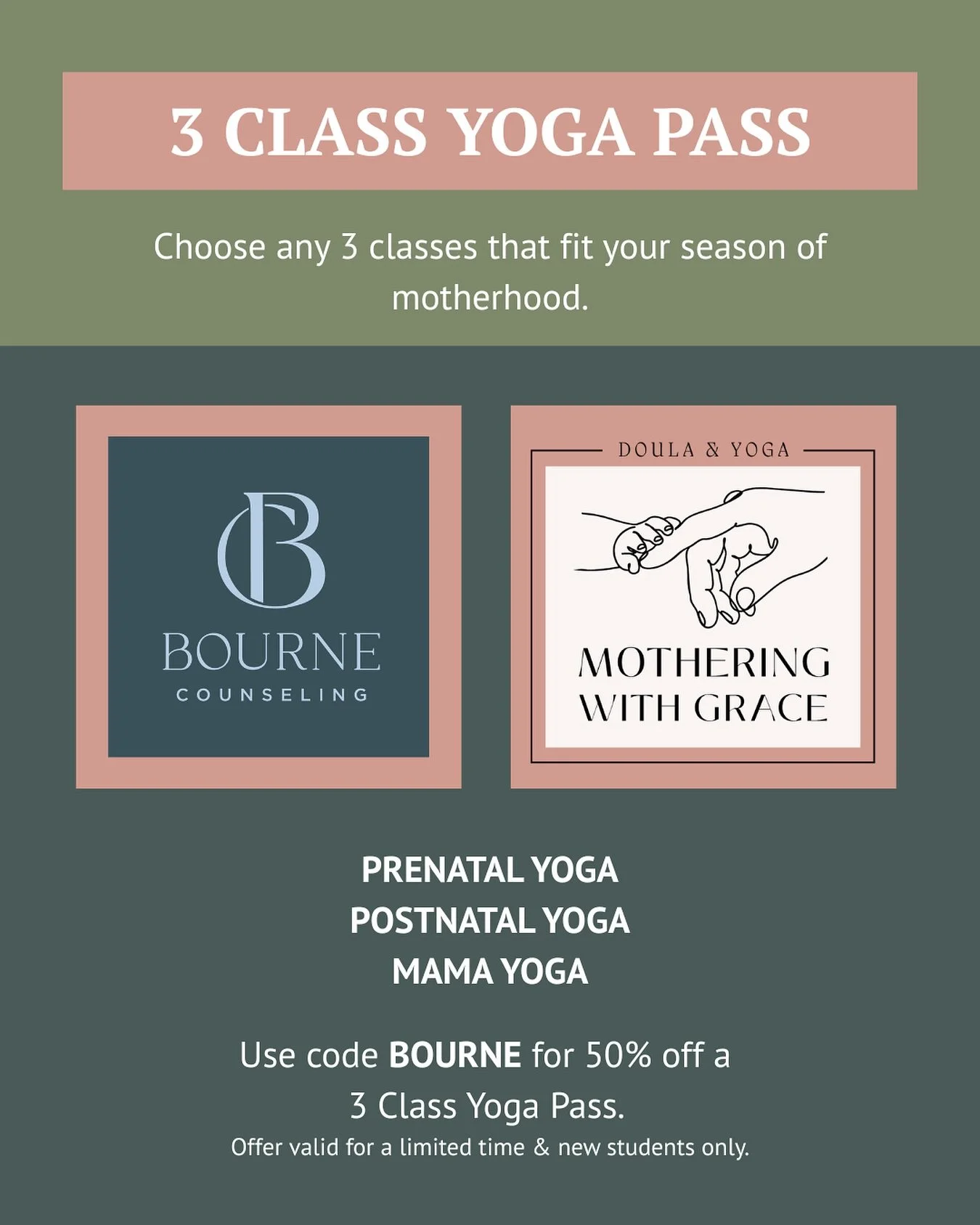 What if your yoga mat became your village?

INTRODUCING: The 3-Class Yoga Pass, designed to help you reconnect with your body, your breath, and other moms who get it.

Choose any 3 classes that fit your season:
 &mdash; Prenatal Flow Yoga
 &mdash; Po
