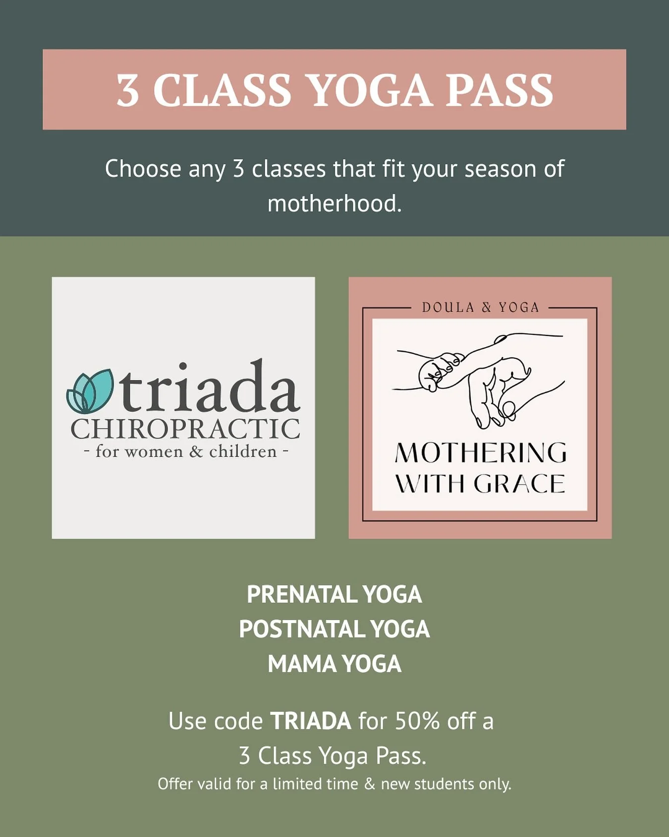 What if your yoga mat became your village?

INTRODUCING: The 3-Class Yoga Pass, designed to help you reconnect with your body, your breath, and other moms who get it.

Choose any 3 classes that fit your season:
 &mdash; Prenatal Flow Yoga
 &mdash; Po