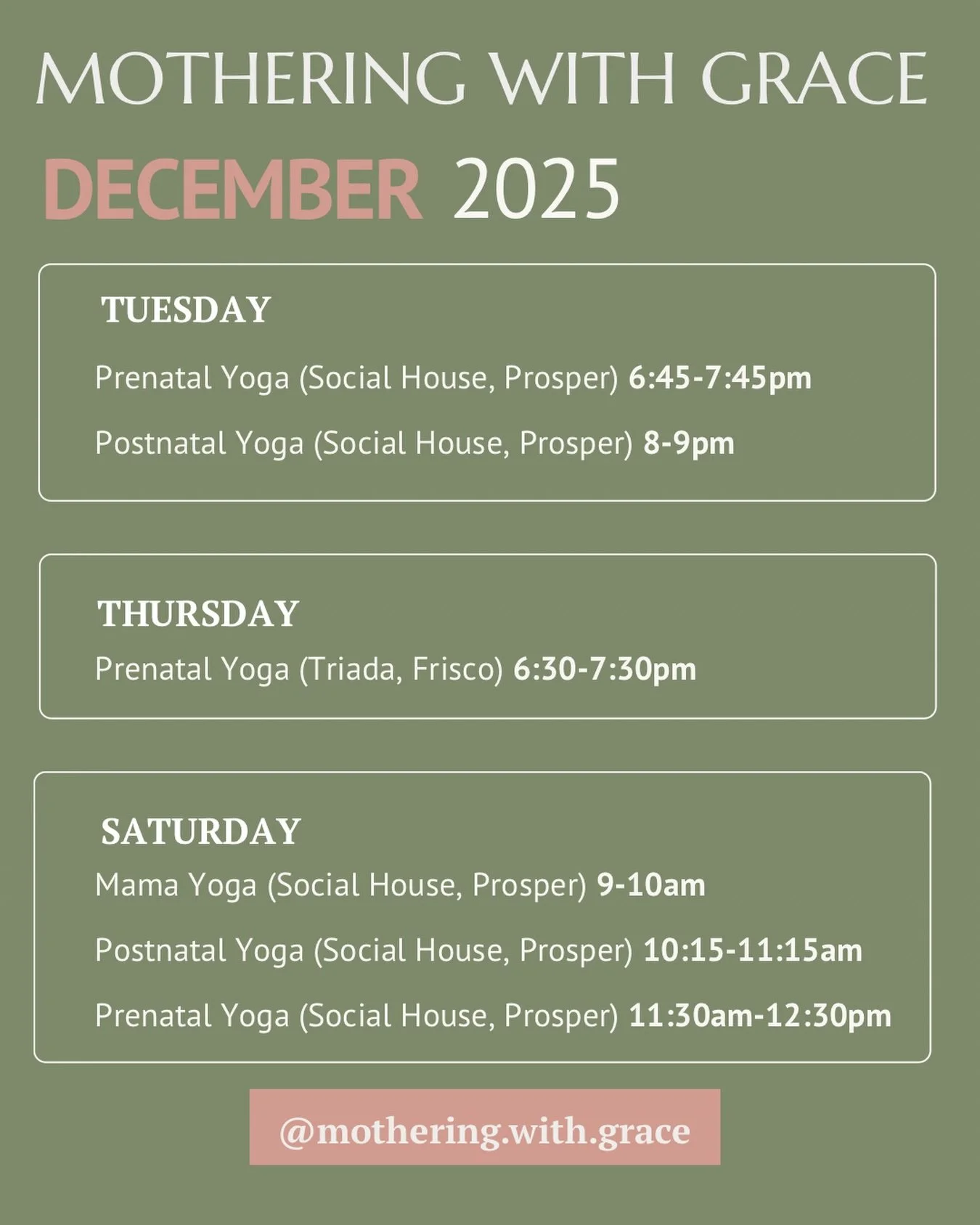 New Yoga Classes are coming! From December I will have Prenatal Flow, Postnatal Restore and Mama Flow on the schedule.

You can find me in Prosper, Texas at @socialhousechiropractic:
TUESDAY MORNINGS 
6:45 - 7:45pm for Prenatal Flow
8-9pm for Postnat