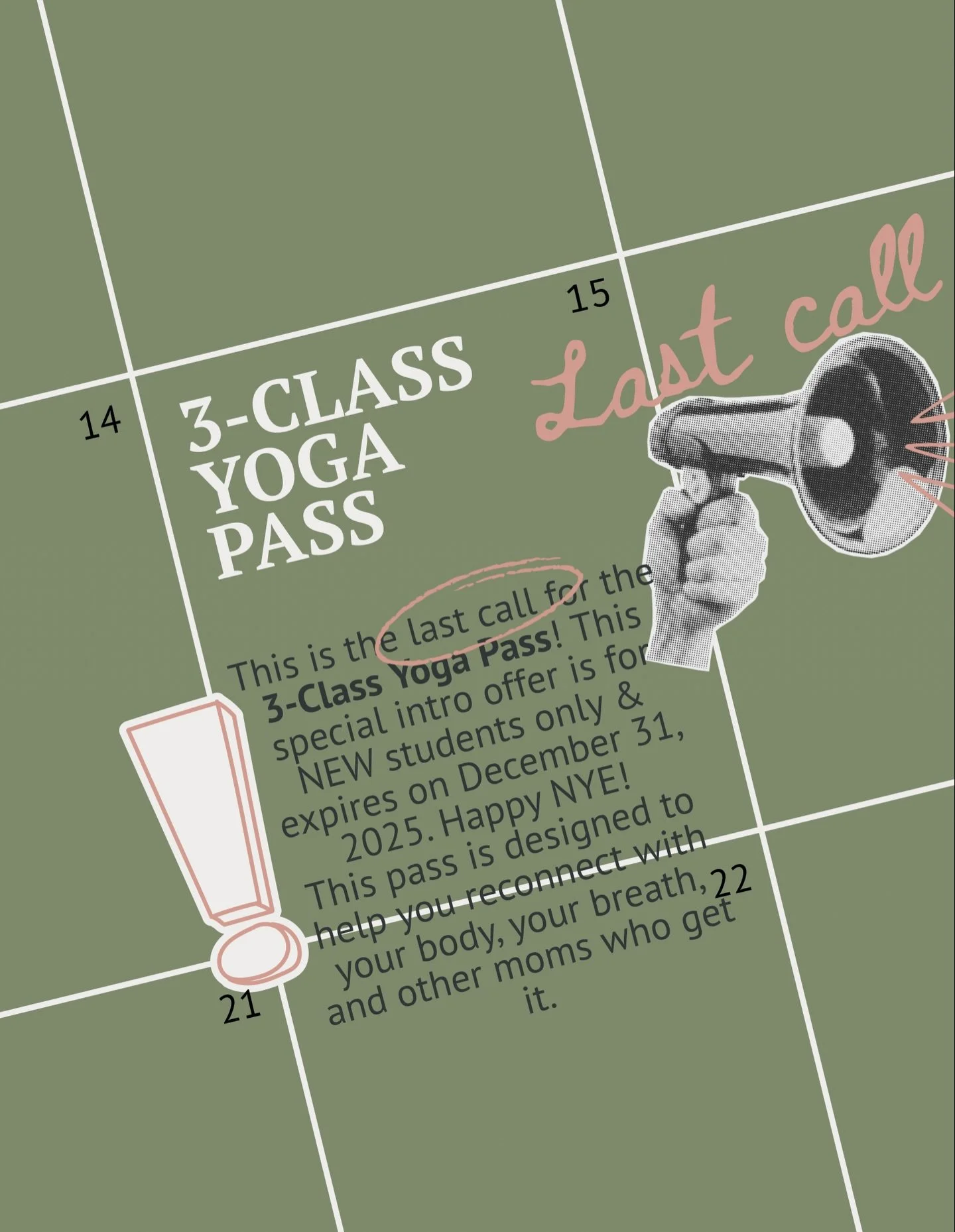 LAST CALL ✨
This is your final chance to grab the 3-Class Prenatal Yoga Pass.

Swipe through &amp; use a code from one of the other local businesses who love supporting moms.
Link in bio to book.

*Offer valid for purchase until December 31, 2025
*Cl