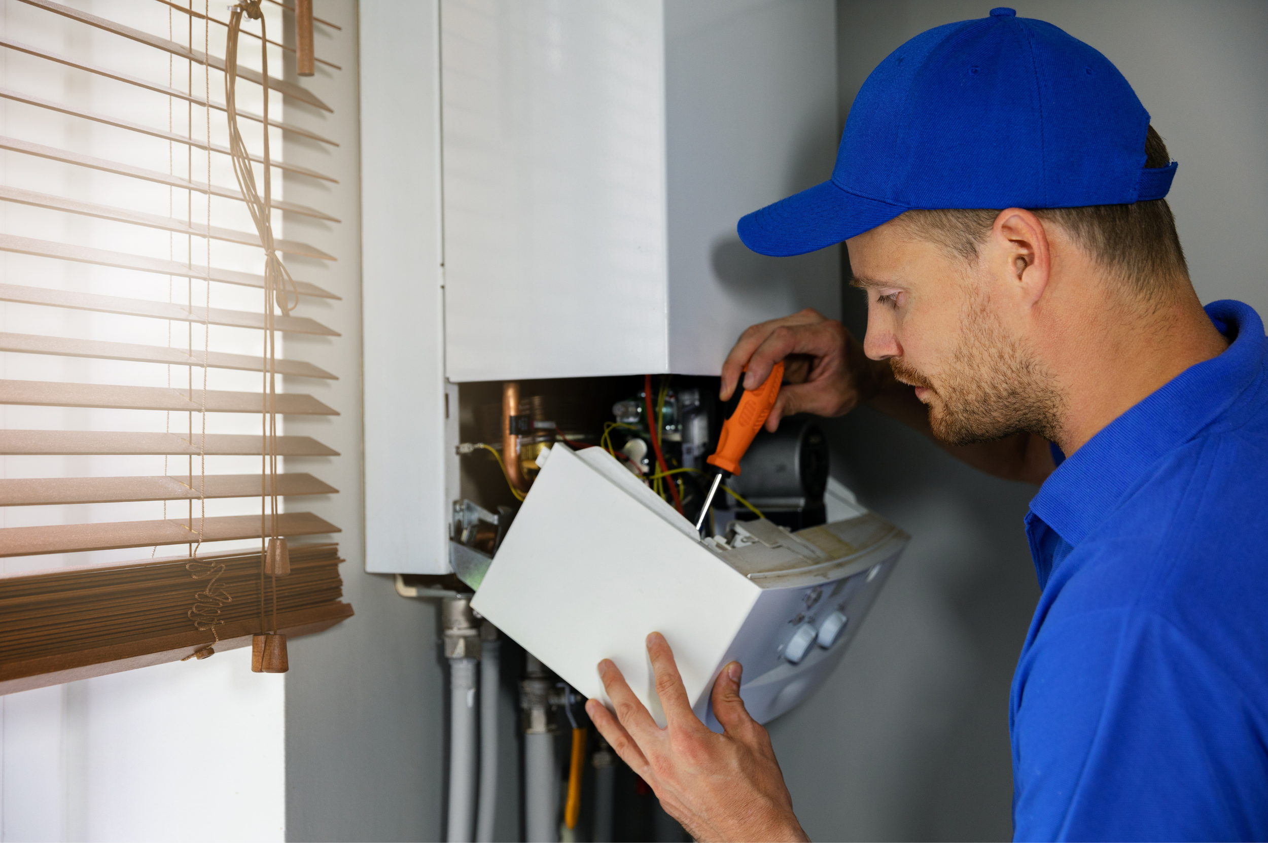 A plumber in a blue cap and shirt repairing a boiler with blinds visible on the left side of the image.