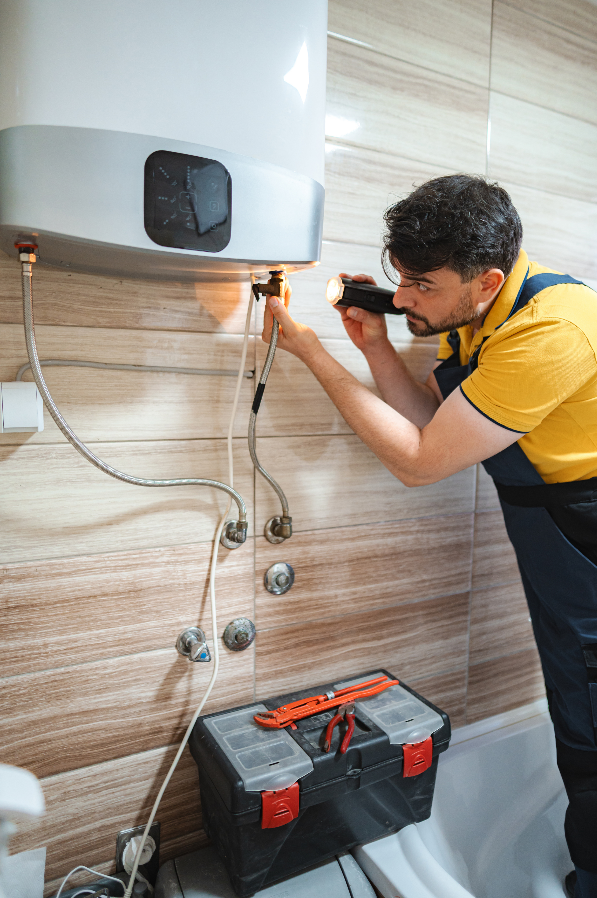 Plumber inspecting or repairing a water heater with a flashlight in a bathroom. There are tools on a toolbox nearby.