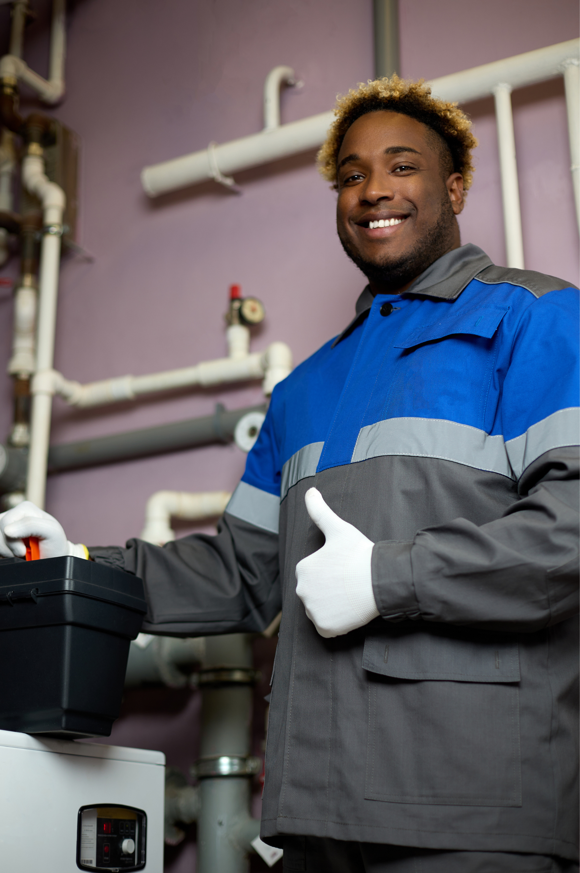 A smiling plumber wearing a gray and blue uniform and white gloves working with a toolbox in a mechanical room with pipes and equipment.