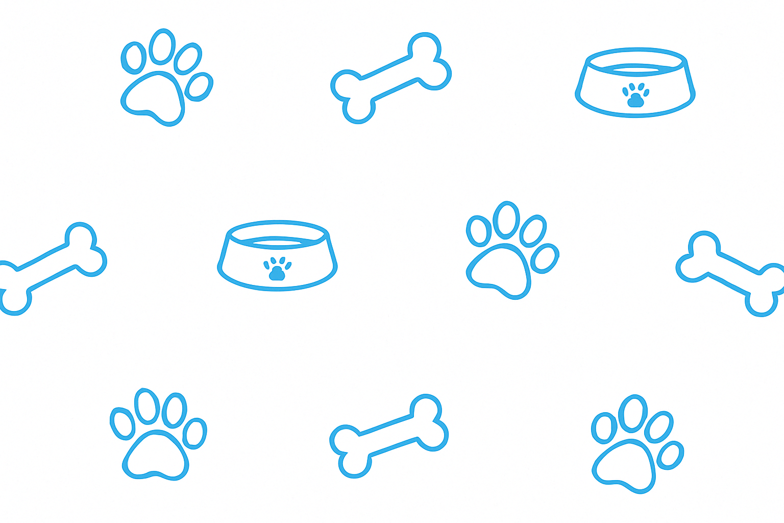 Pattern of blue dog paw prints, bones, and bowls on a white background