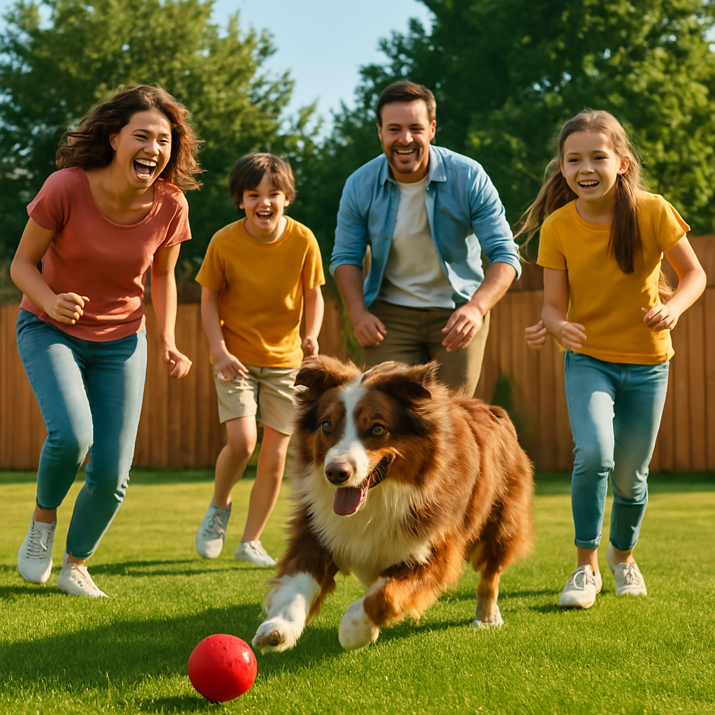 family enjoying backyard with dog after professional poop scooping service by ScoopScape.