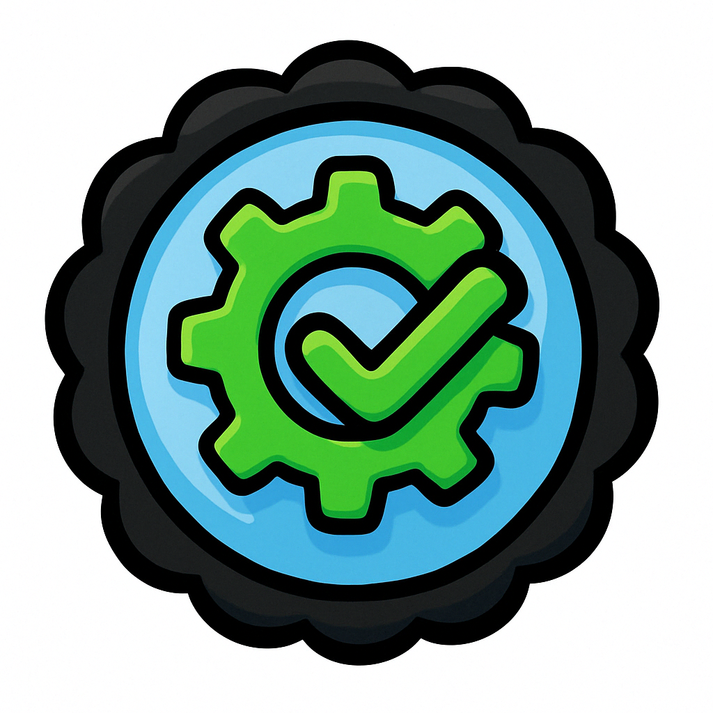 Green gear icon with checkmark in blue circle and black border