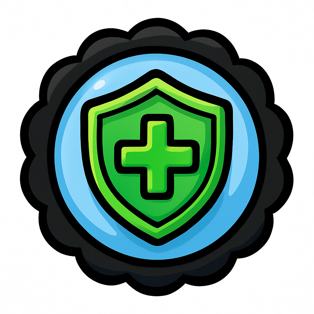 A green shield with a medical cross in the center on a blue circular background with a black scalloped border.