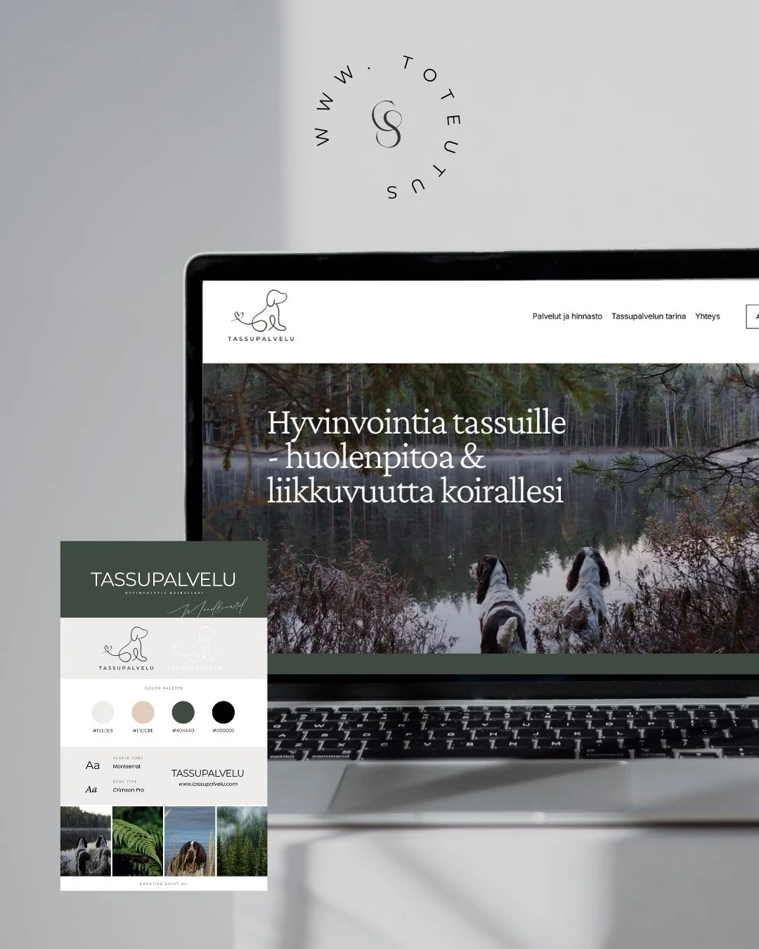 Tietokoneen näytöllä verkkosivusto, jossa on kuvia koirista luonnossa ja teksti "Hyvinvointia tassuille - huolenpitoa & liikkuvuutta koirallesi" sekä yritysilmesuunnitelma.