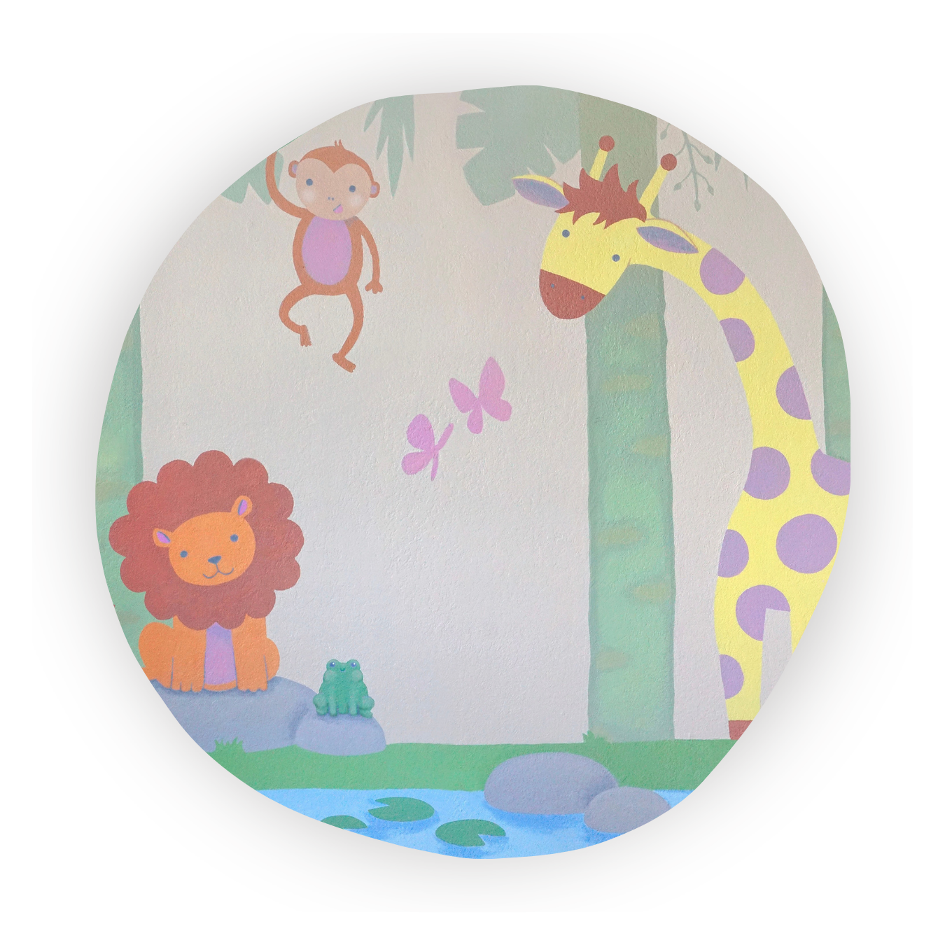 Mural services in Miami for hotels Airbnb nursery private home Cartoon jungle scene with a smiling lion, a giraffe, a monkey hanging from a tree, a frog, and two pink butterflies, with green trees, rocks, and a pond.