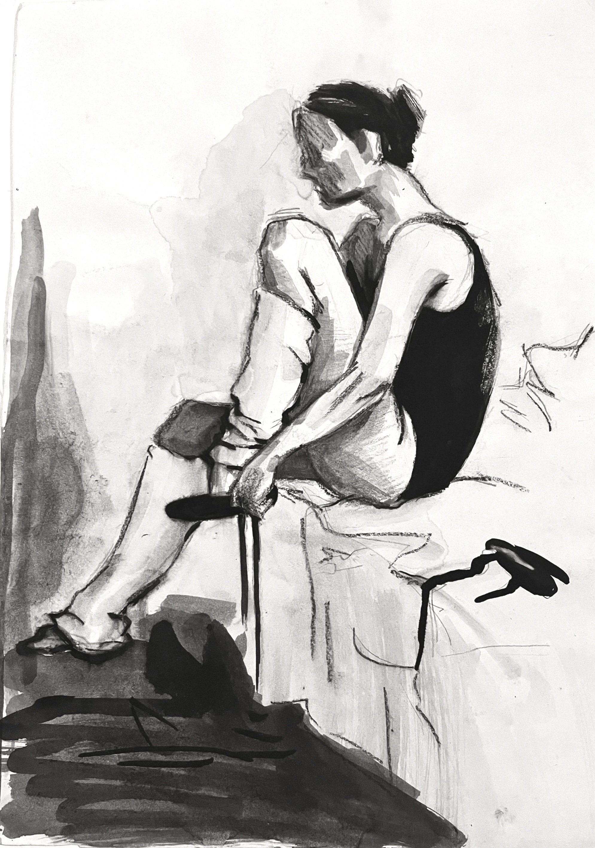 Muse&Flow Miami Art Services Commission Artist Patricia Machin book an artist  Black and white sketch a ballerina in watercolor charcoal