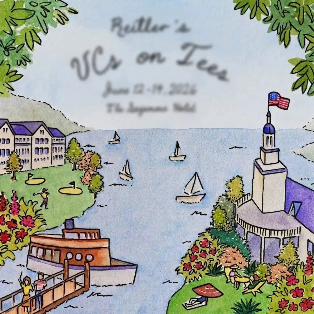 Muse&Flow Miami Art Services Commission Artist Patricia Machin book an artist A colorful illustrated scene of a lakeside hotel with sailboats on the water, a lighthouse with an American flag