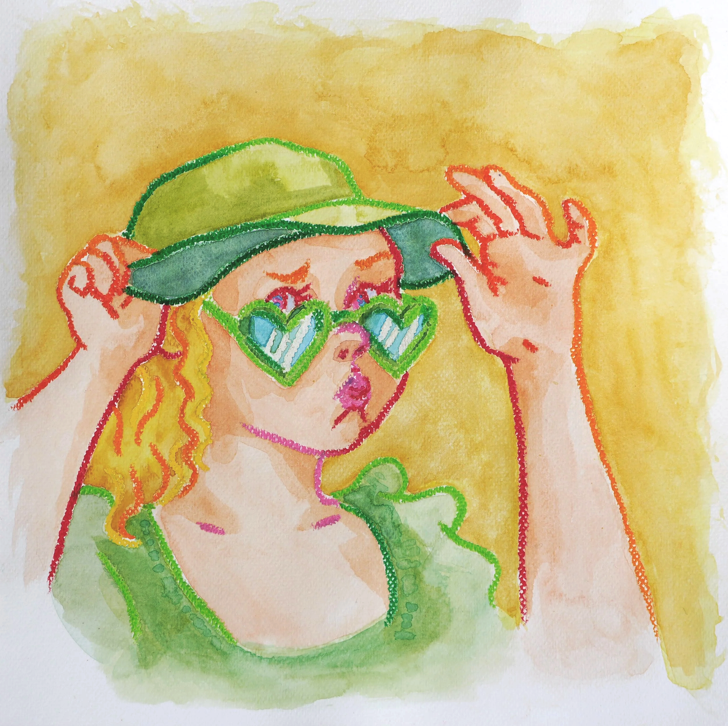 Muse&Flow Miami Art Services Commission Artist Patricia Machin book an artist  A watercolor painting of hands holding a heart-shaped object, with a yellow background.