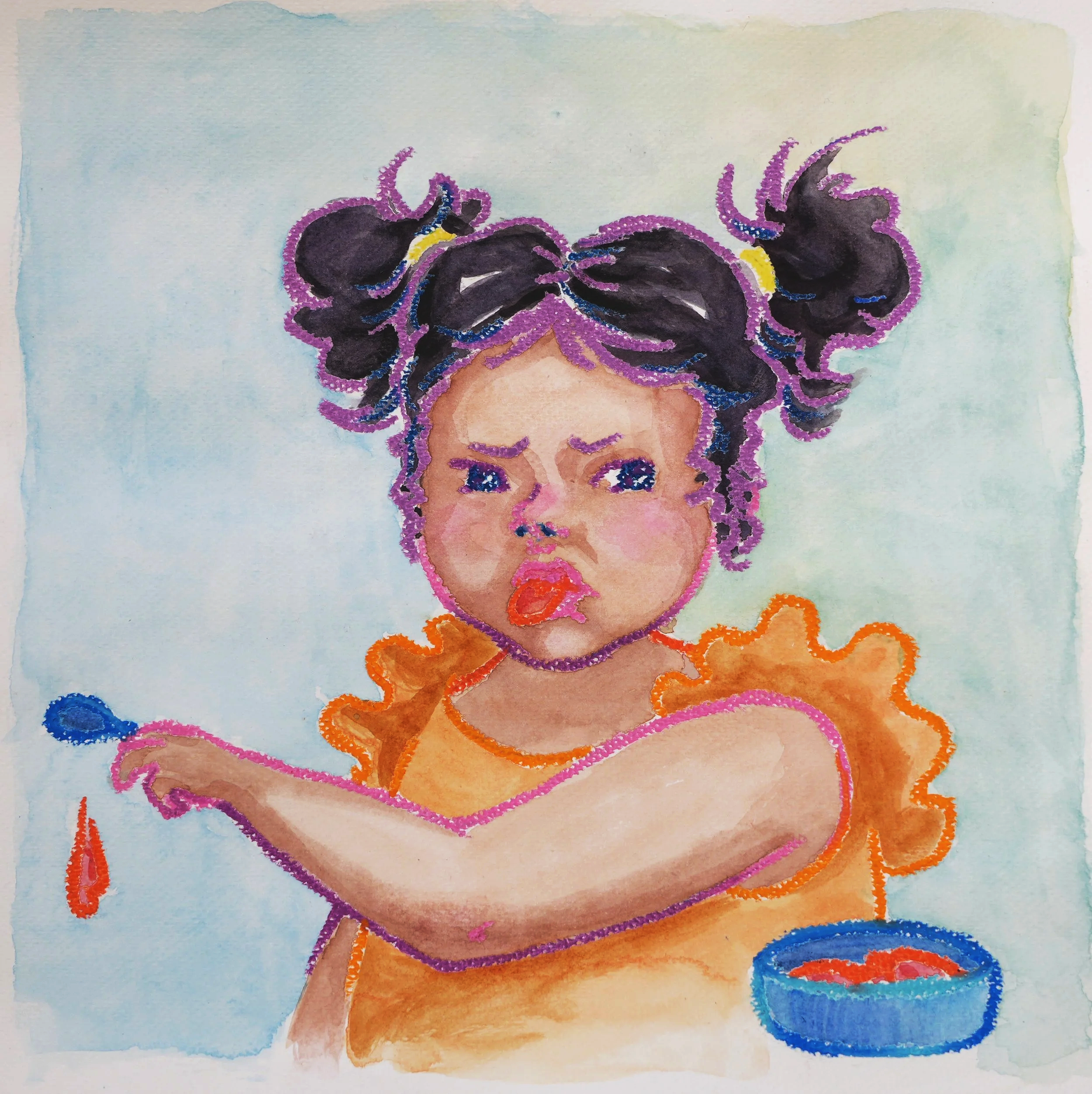 Muse&Flow Miami Art Services Commission Artist Patricia Machin book an artist  Watercolor painting of a person with curly hair and a joyful expression, wearing colorful earrings and an orange patterned top, set against a light blue background.
