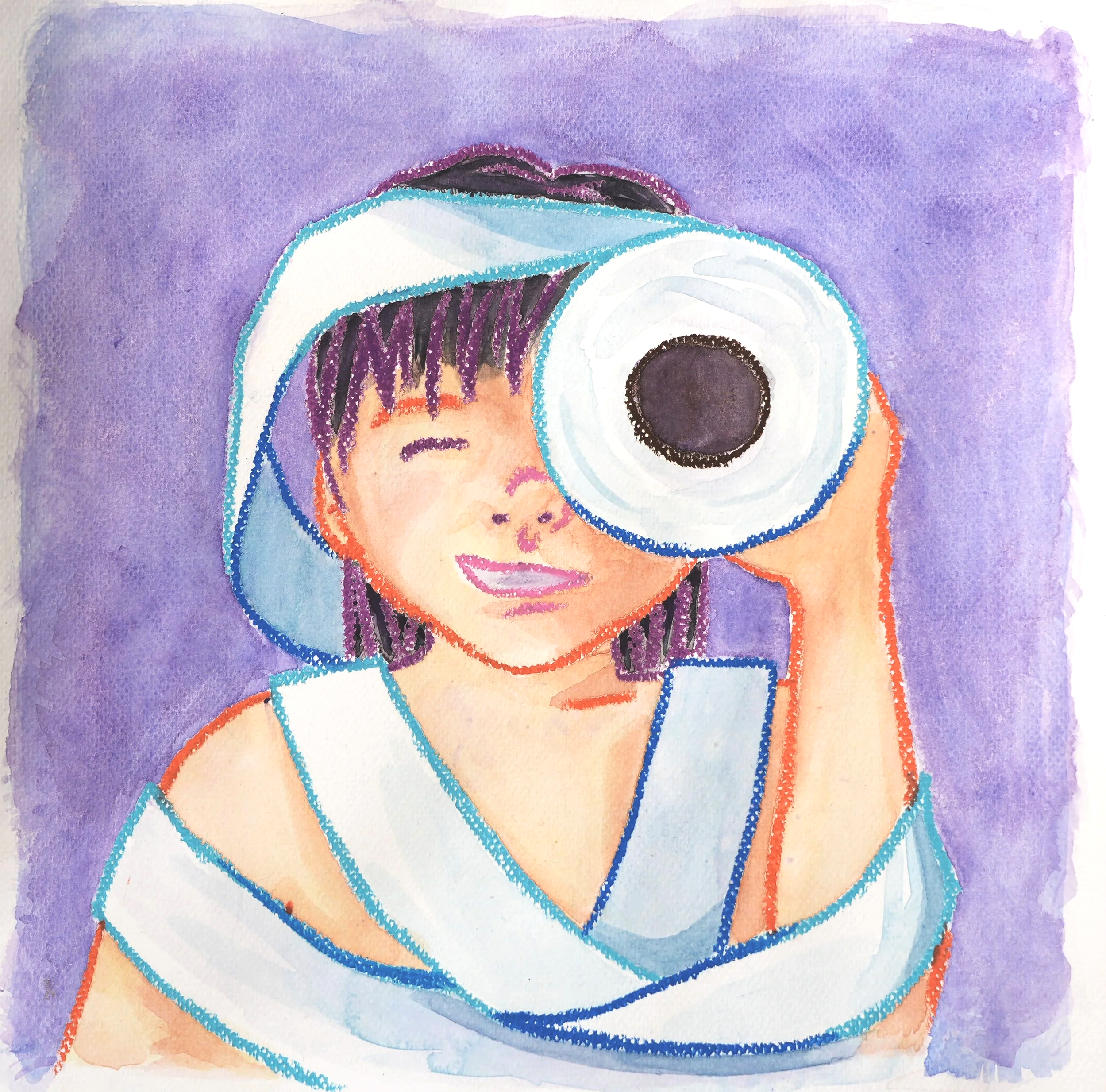 Muse&Flow Miami Art Services Commission Artist Patricia Machin book an artist  Watercolor painting of a person holding a camera, with purple hair and a worried expression, against a purple background.