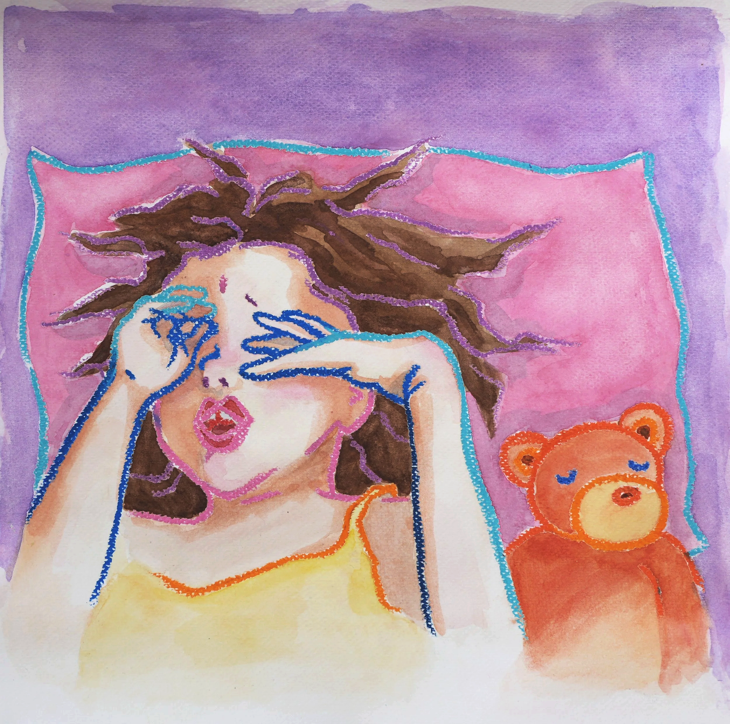 Muse&Flow Miami Art Services Commission Artist Patricia Machin book an artist Watercolor painting of a woman with long brown hair and closed eyes, wearing a necklace, against a background with shades of purple, pink, and yellow.