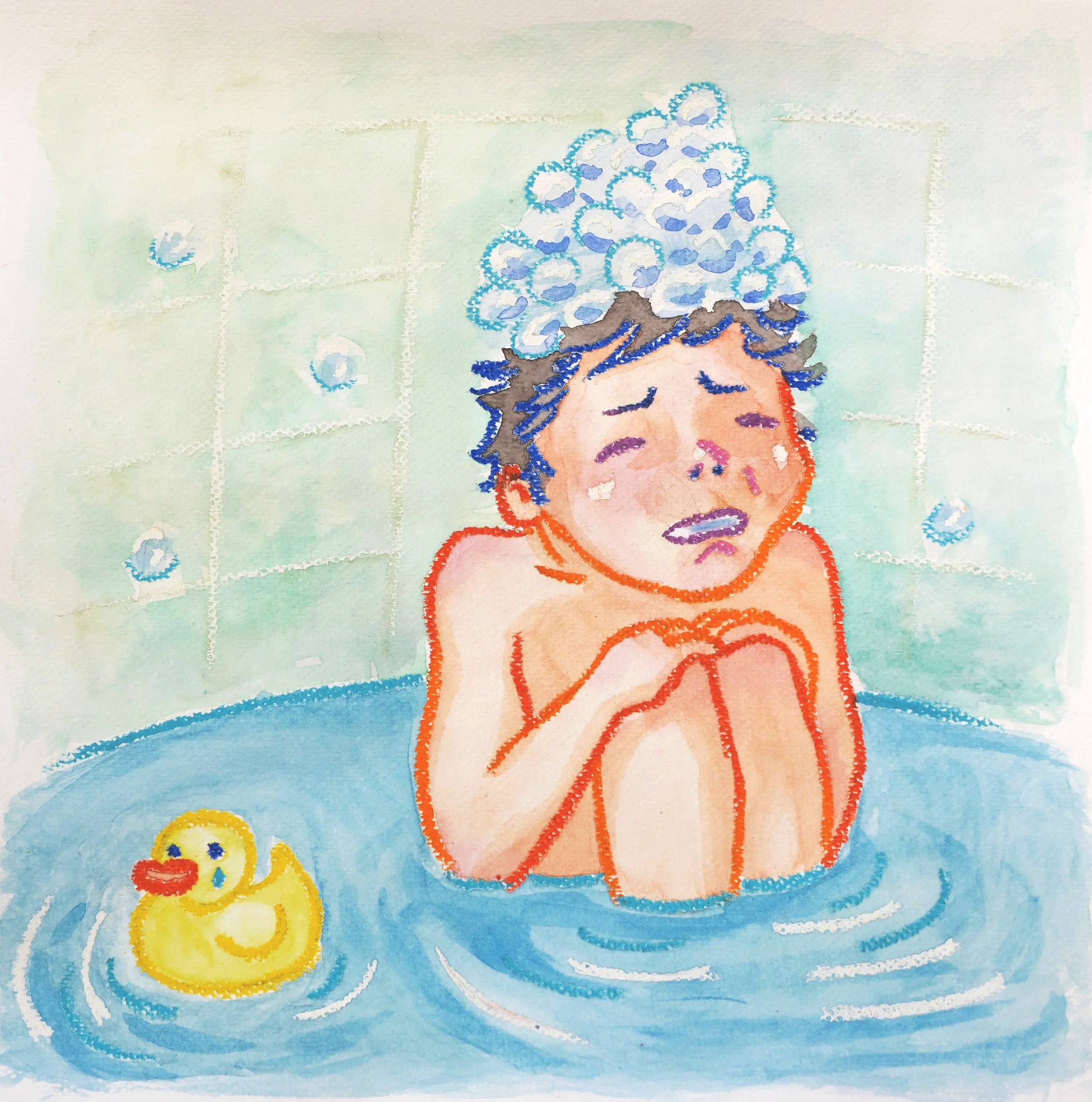 Muse&Flow Miami Art Services Commission Artist Patricia Machin book an artist A colorful watercolor painting of a person with curly hair and closed eyes, a small yellow duck with an orange beak, and animated waves in the background.
