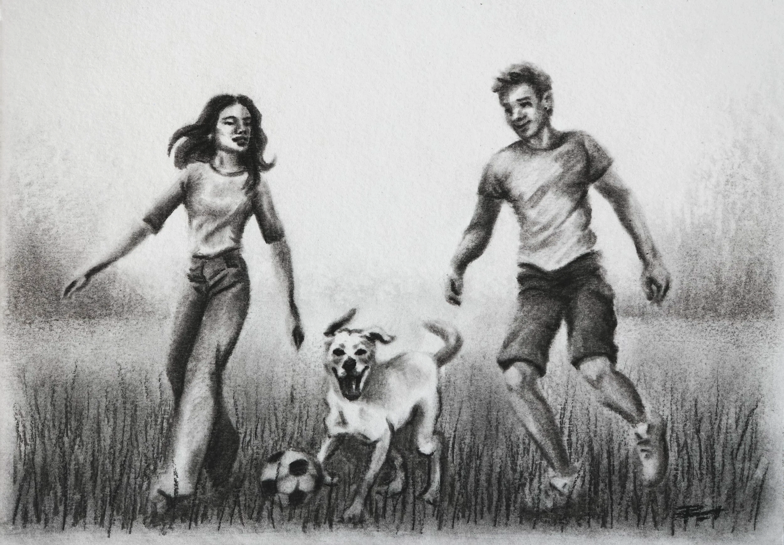 Muse&Flow Miami Art Services Commission Artist Patricia Machin book an artist  A black and white drawing of a couple, a woman and a man, walking in a field with a dog and a soccer ball, with grass and bushes in the background.
