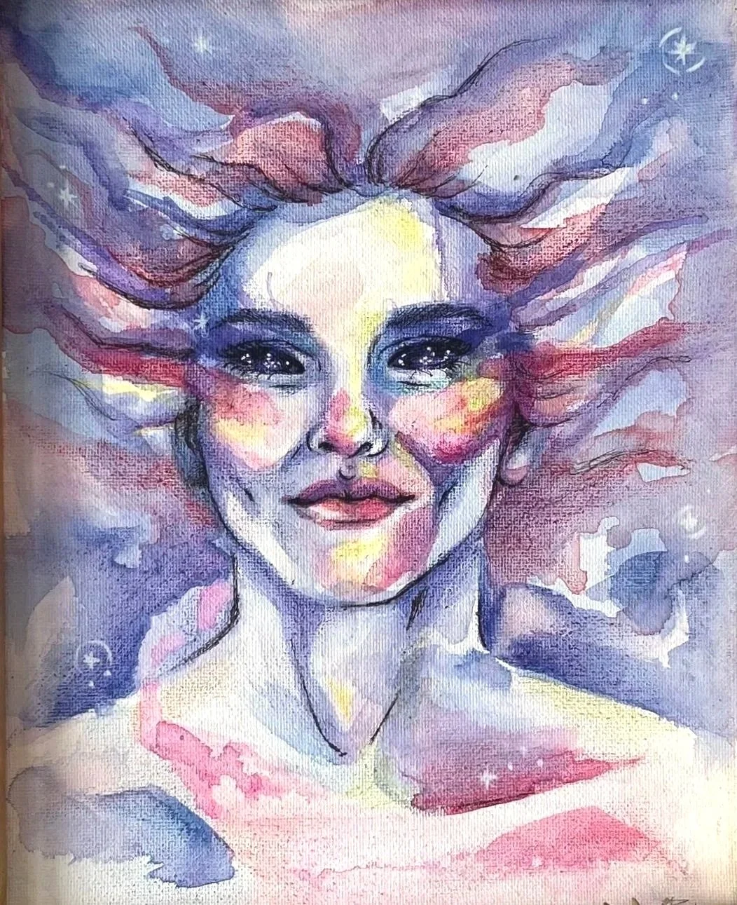 Muse&Flow Miami Art Services Commission Artist Patricia Machin book an artist  Watercolor portrait of a woman with flowing hair, vibrant colors, and intense eyes, surrounded by a dreamy, abstract background with star-like details.