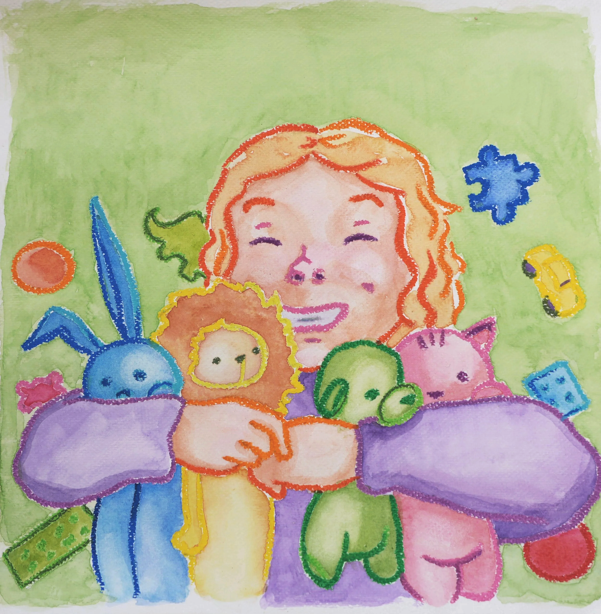 Muse&Flow Miami Art Services Commission Artist Patricia Machin book an artist  A colorful watercolor painting of a unicorn with orange hair and closed eyes, surrounded by vibrant flowers and foliage.