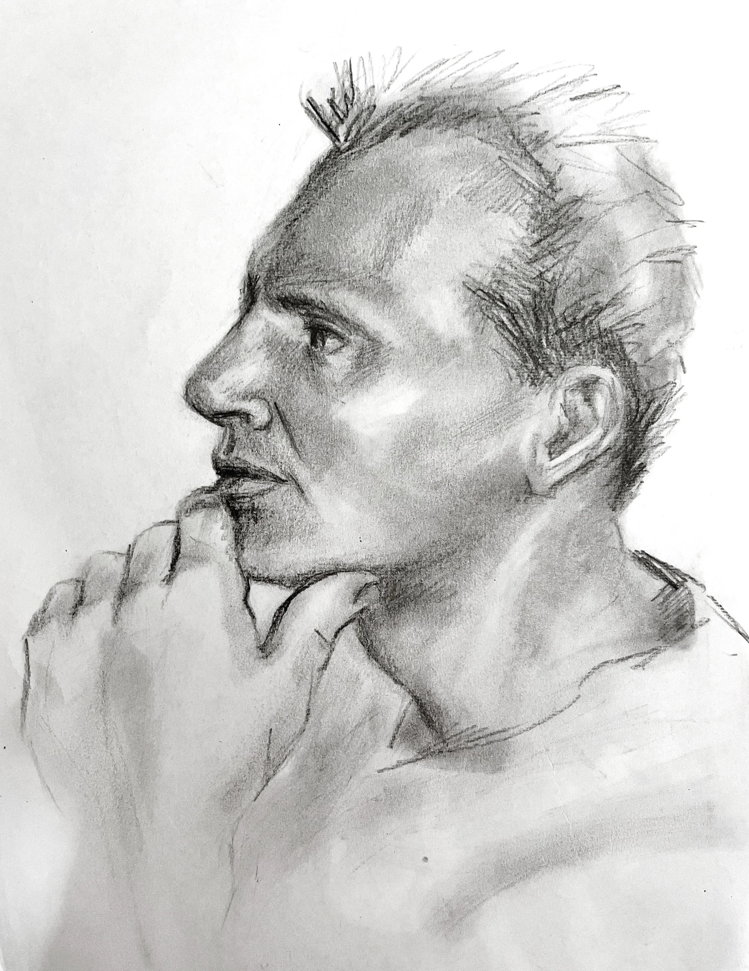 Muse&Flow Miami Art Services Commission Artist Patricia Machin book an artist  A detailed graphite pencil sketch of a woman's face in profile, capturing intricate facial features and hair textures.