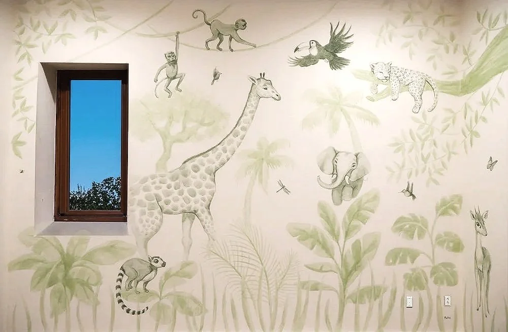 Muse&Flow Miami Art Services Commission Artist Patricia Machin book an artist  Zoo watercolor mural with a giraffe, elephant, lemur, monkey, parrot, cheetah, butterflies, and lush greenery with a window showing a blue sky outside.