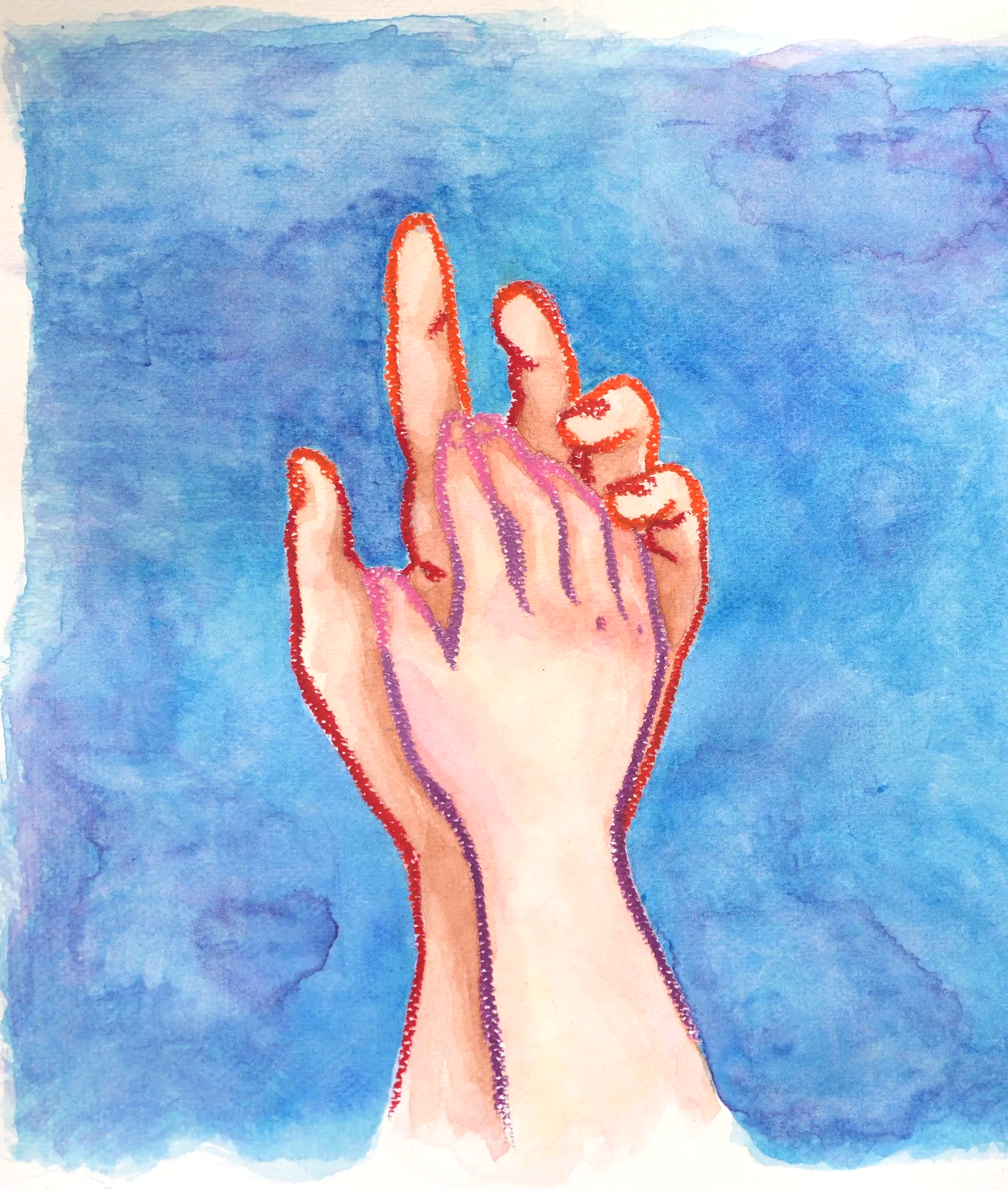 How come I love you so much by Sue lopiano Sidewalkchalk publishing Toddler book illustration commission Book an artist Watercolor painting of a hand with the middle finger raised against a blue sky background.