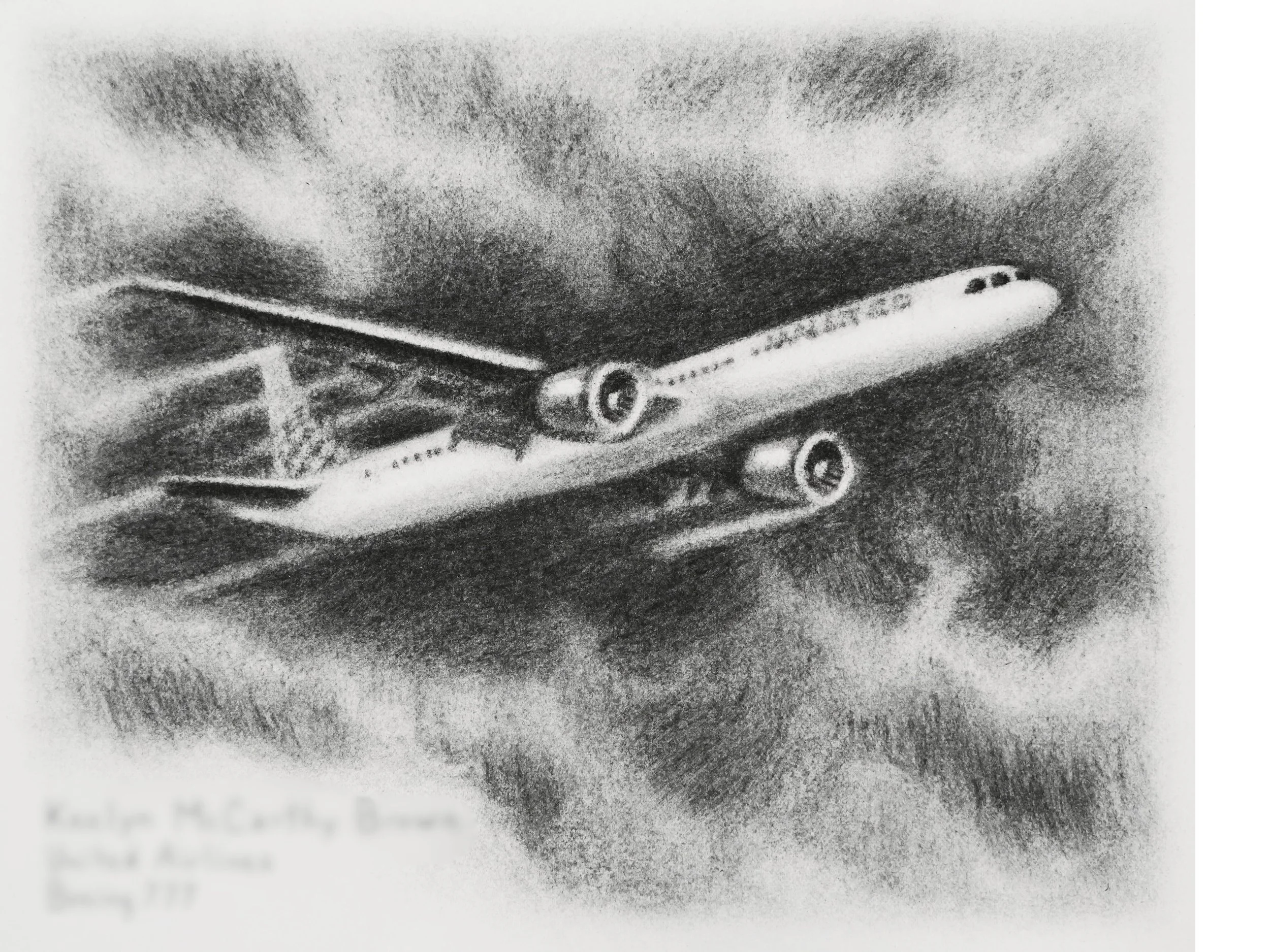 Muse&Flow Miami Art Services Commission Artist Patricia Machin book an artist  Boeing 777 charcoal drawing United Airlines