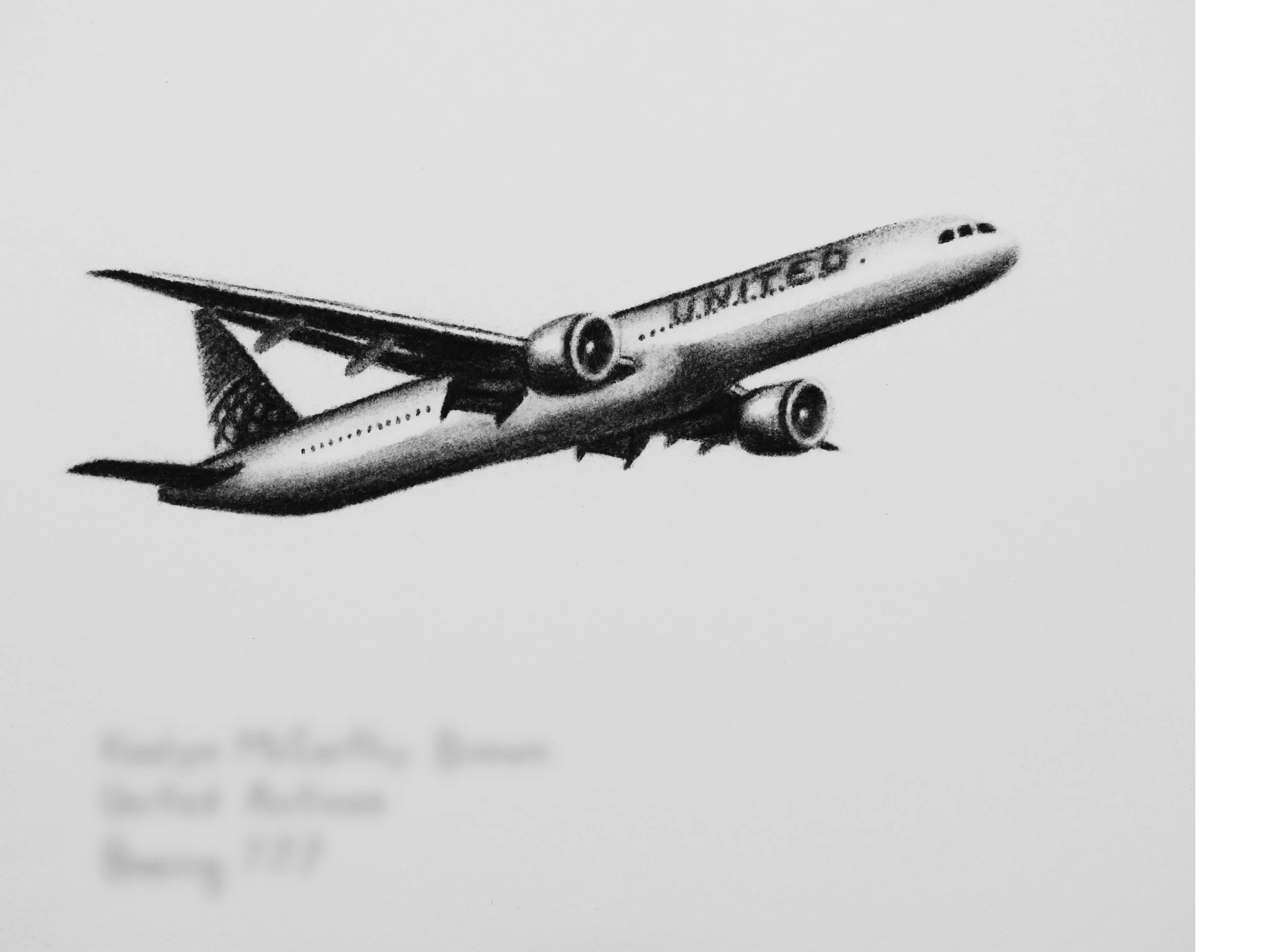 Muse&Flow Miami Art Services Commission Artist Patricia Machin book an artist  Boeing 777 charcoal drawing United Airlines