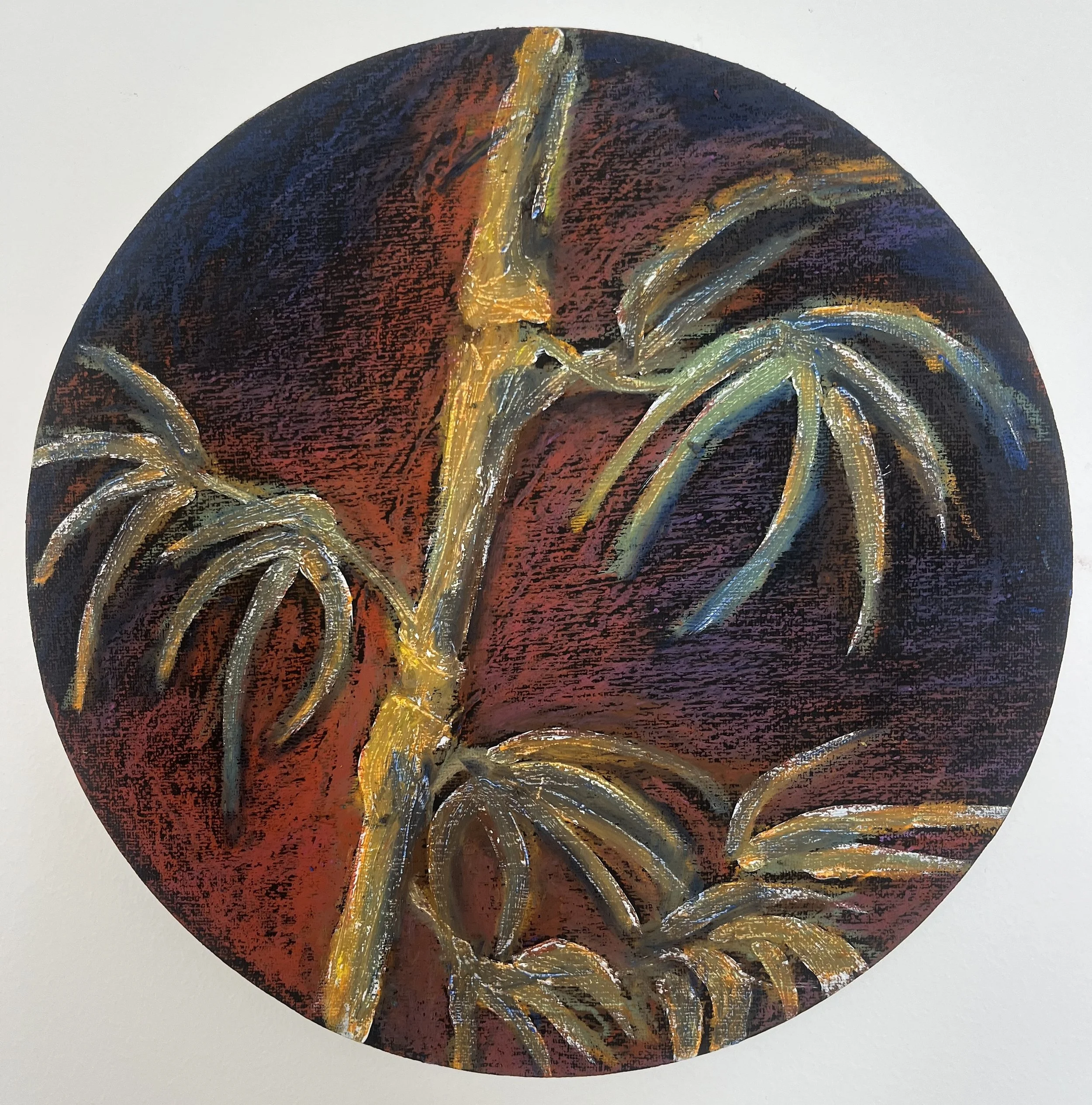 Muse&Flow Miami Art Services Commission Artist Patricia Machin book an artist bamboo pastel painting featuring bold brush strokes and swirling lines with a dark background and bright accents of yellow, orange, green, and blue, set on a white canvas.