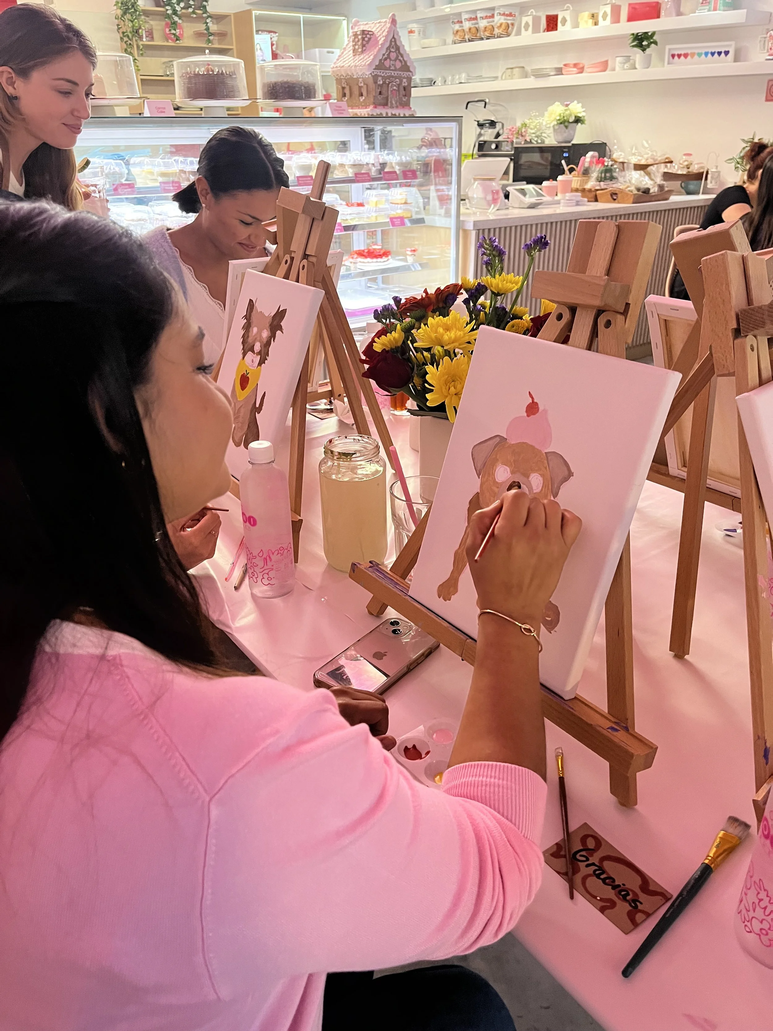 Muse&Flow Miami group paint party custom handmade canvas classes for kids best ideas creative activities birthday bachelorette corporate team woman painting dog Boni Bakery Wynwood