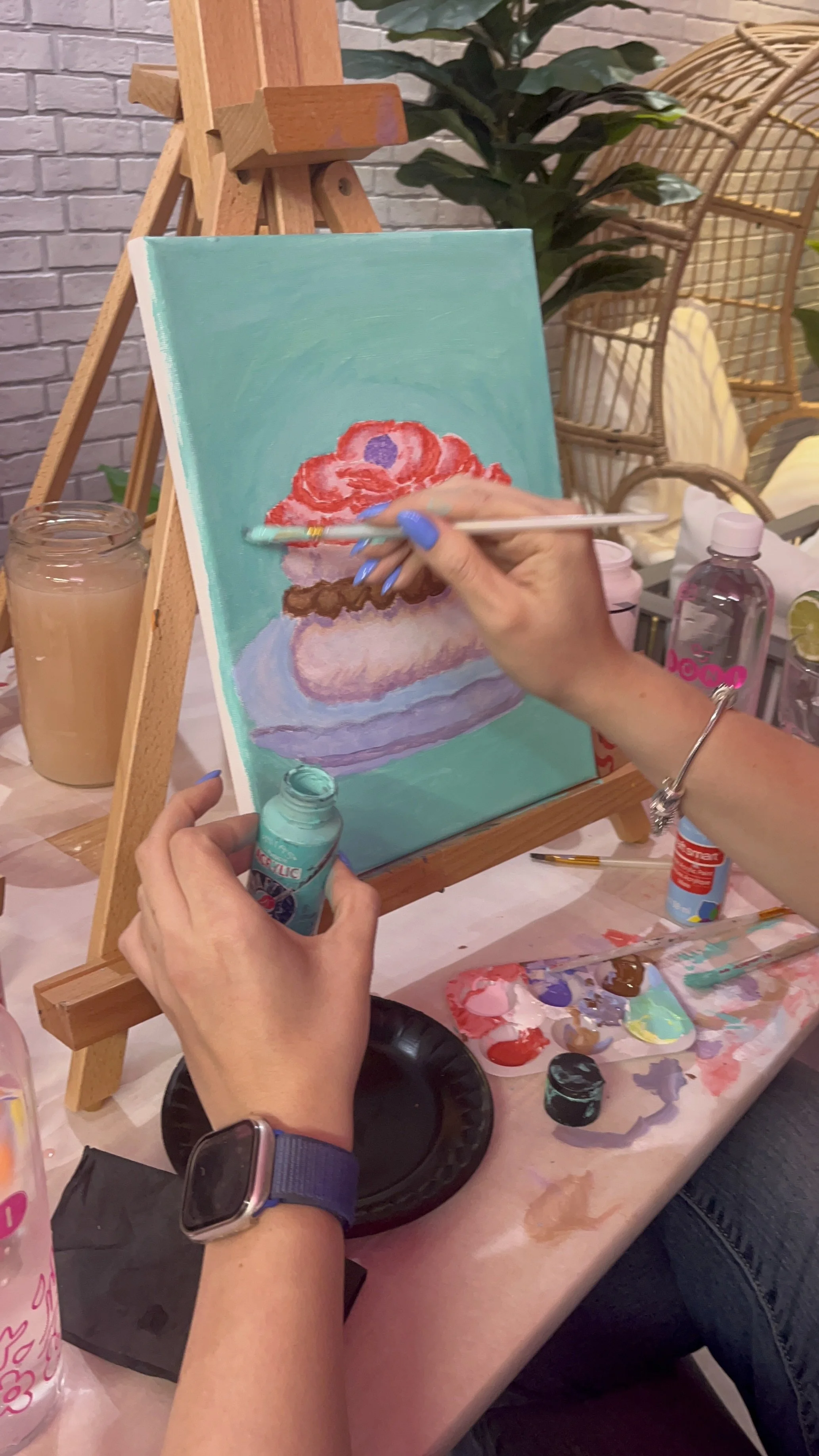 Muse&Flow Miami group paint party custom handmade canvas classes for kids best ideas creative activities birthday bachelorette corporate team woman painting pavlova dessert in Boni Bakery Wynwood