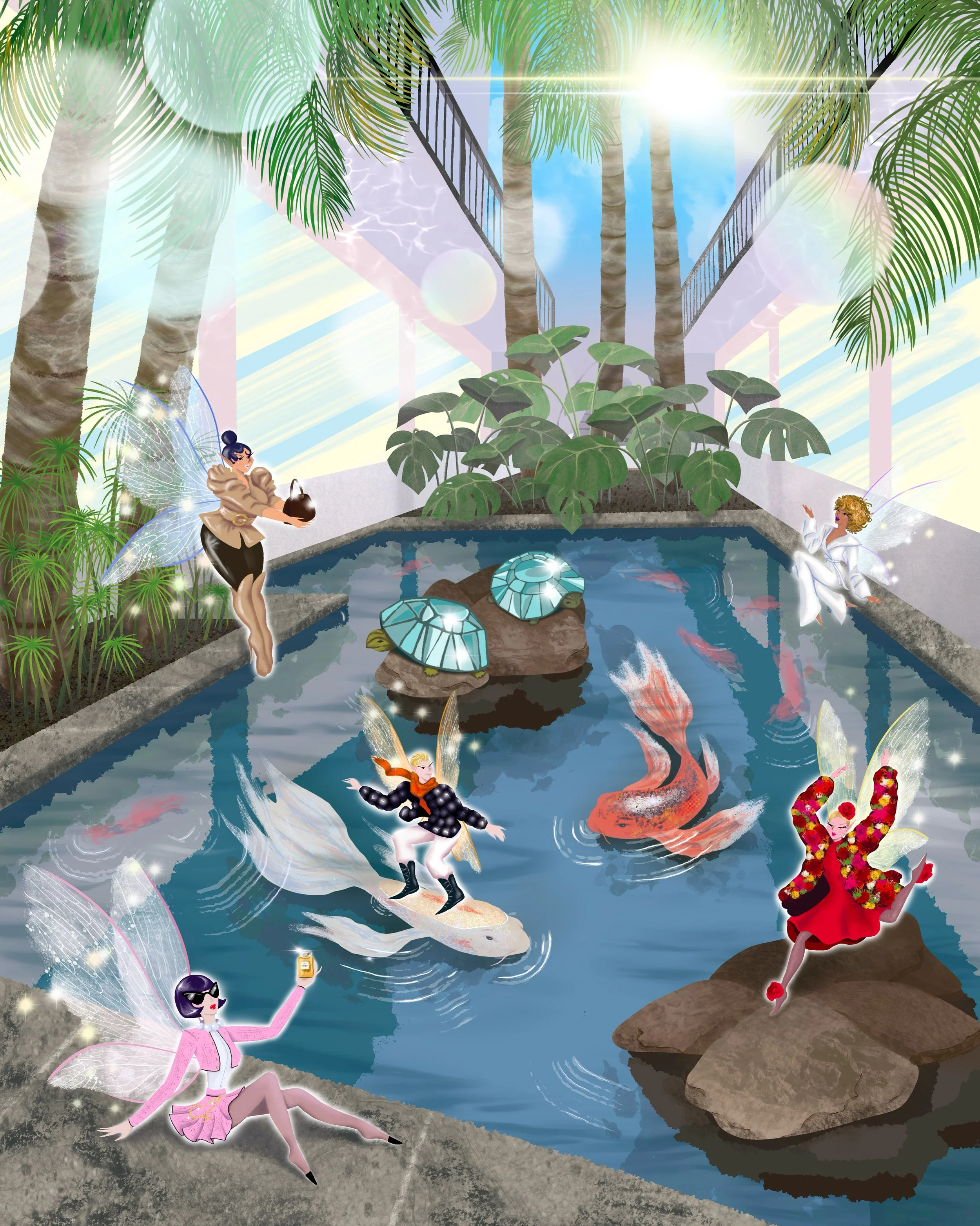 Artwork of fairies and fantastical creatures in a garden with a pond, fish, and koi. Fairies with fairy wings and colorful clothing are interacting among lush green plants, trees, and rocks. One fairy is taking a selfie while another holds a jar, and