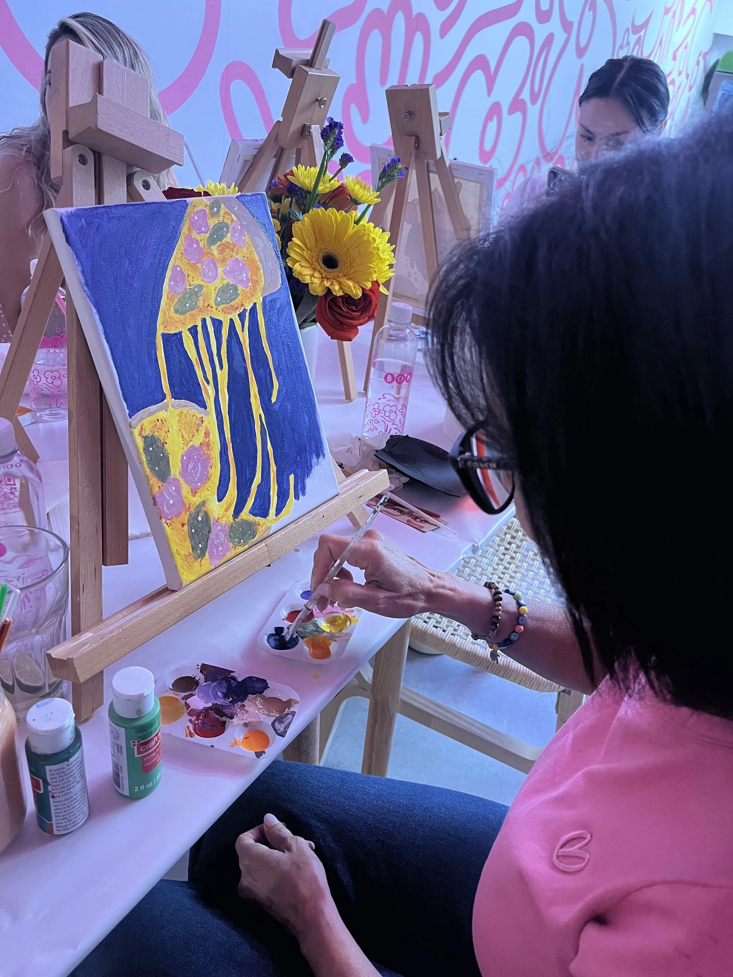 Muse&Flow Miami group paint party custom handmade canvas classes for kids best ideas creative activities birthday bachelorette corporate team woman painting Bruna Rossa pizza in Boni Bakery Wynwood