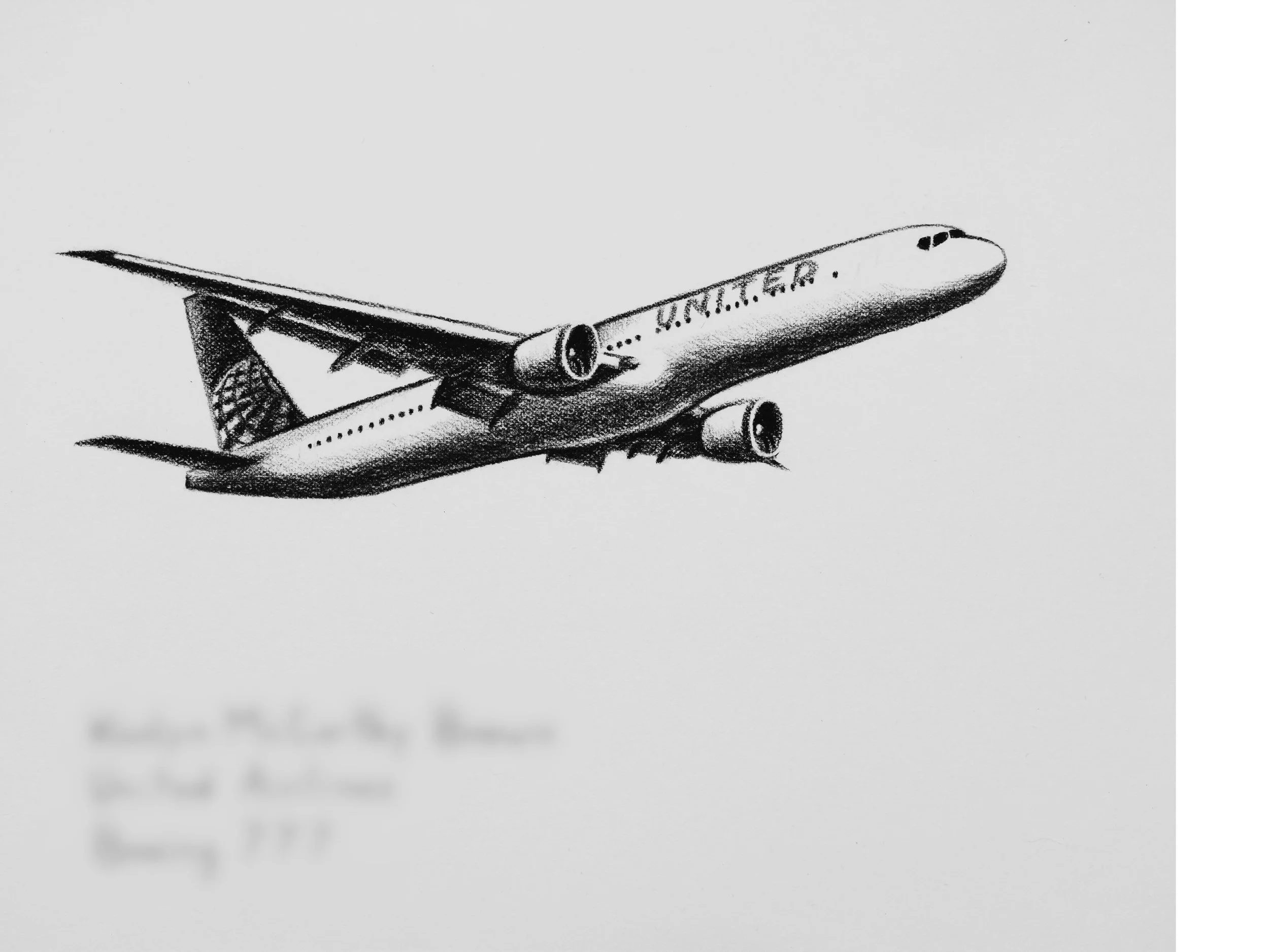 Muse&Flow Miami Art Services Commission Artist Patricia Machin book an artist  Boeing 777 charcoal drawing United Airlines